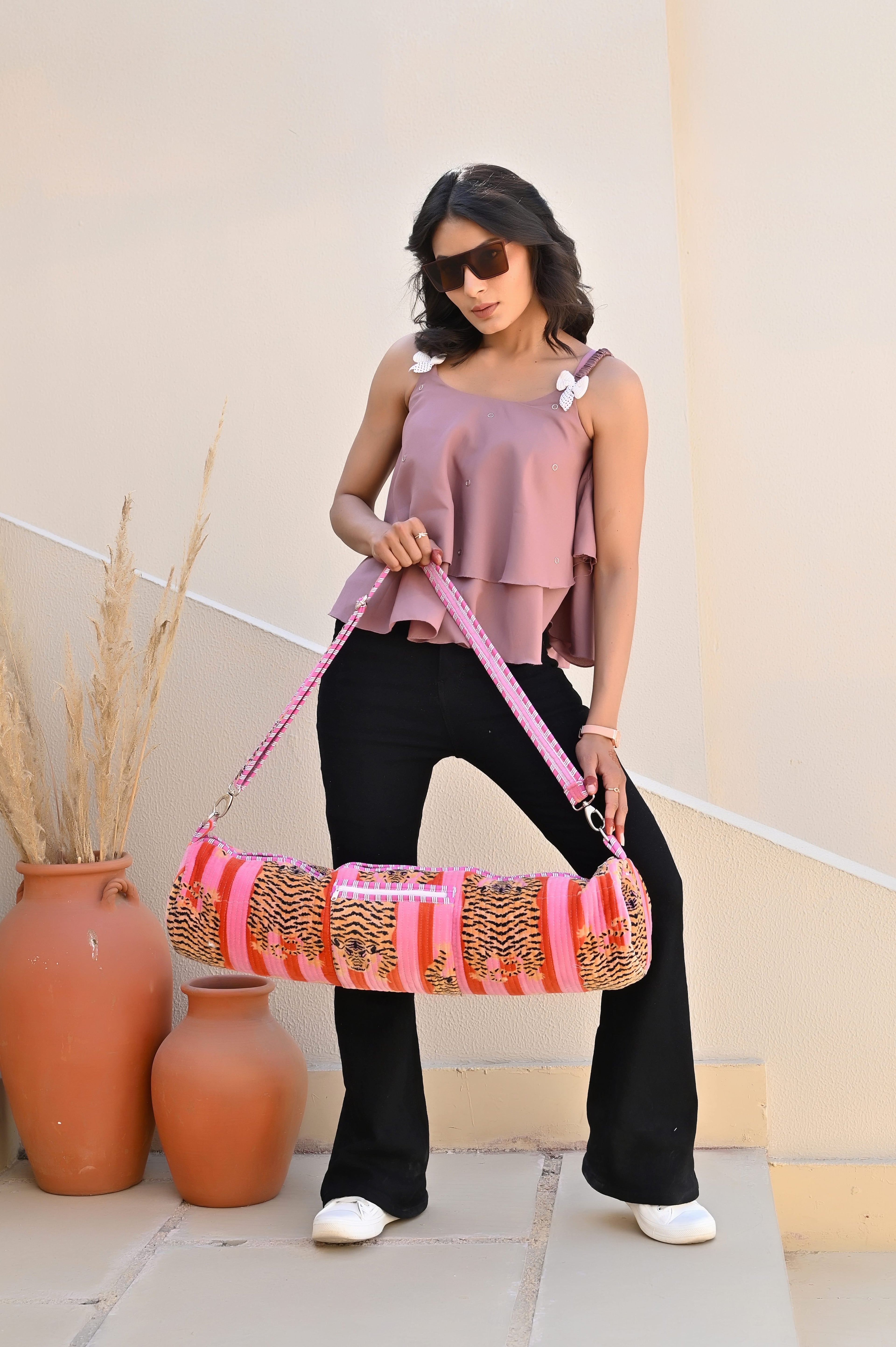 The Tibetan Tiger Velvet Yoga Bag — handmade quilted velvet yoga mat bag, ethically made in Rajasthan, India