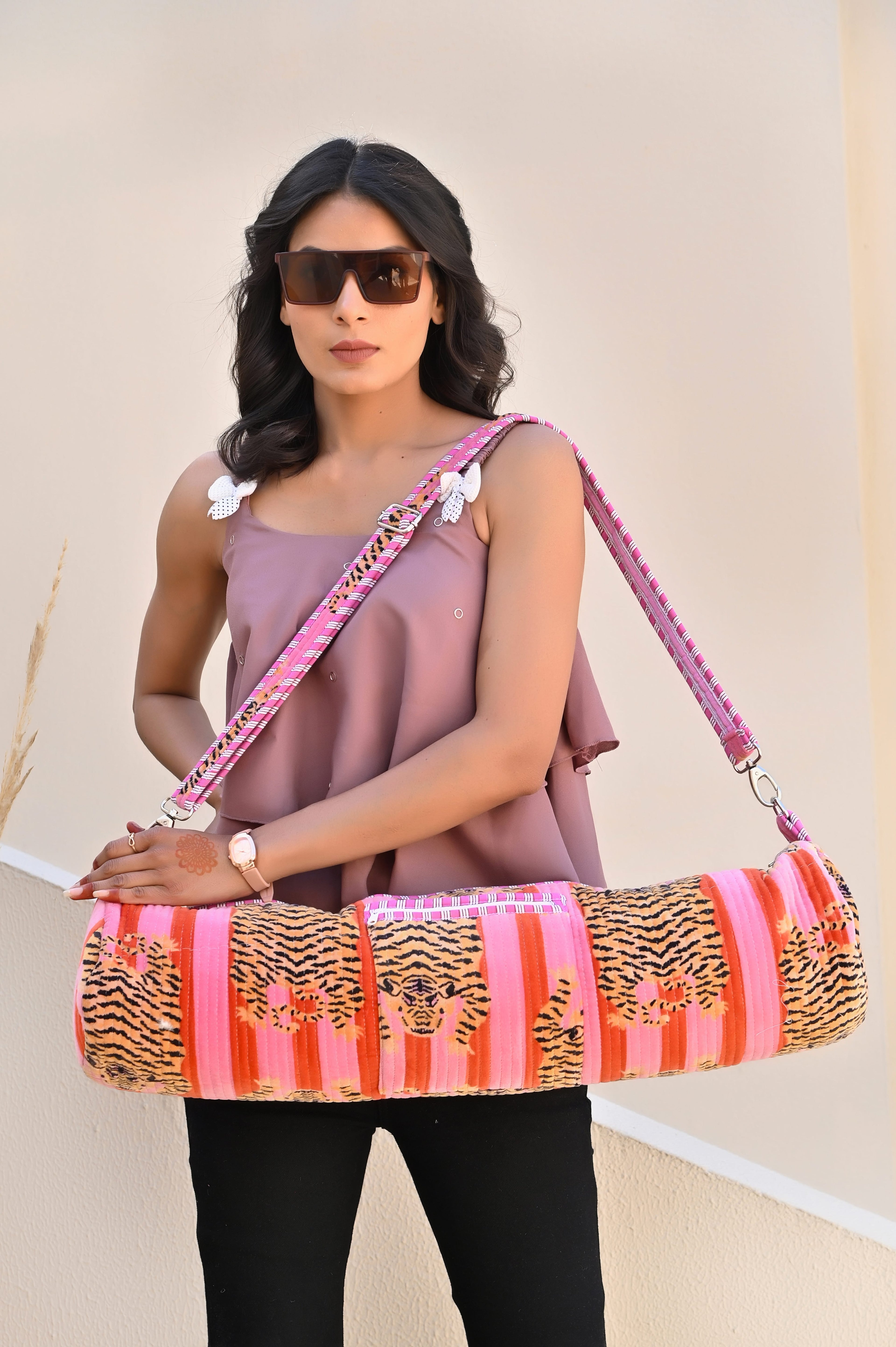 The Tibetan Tiger Velvet Yoga Bag — handmade quilted velvet yoga mat bag, ethically made in Rajasthan, India