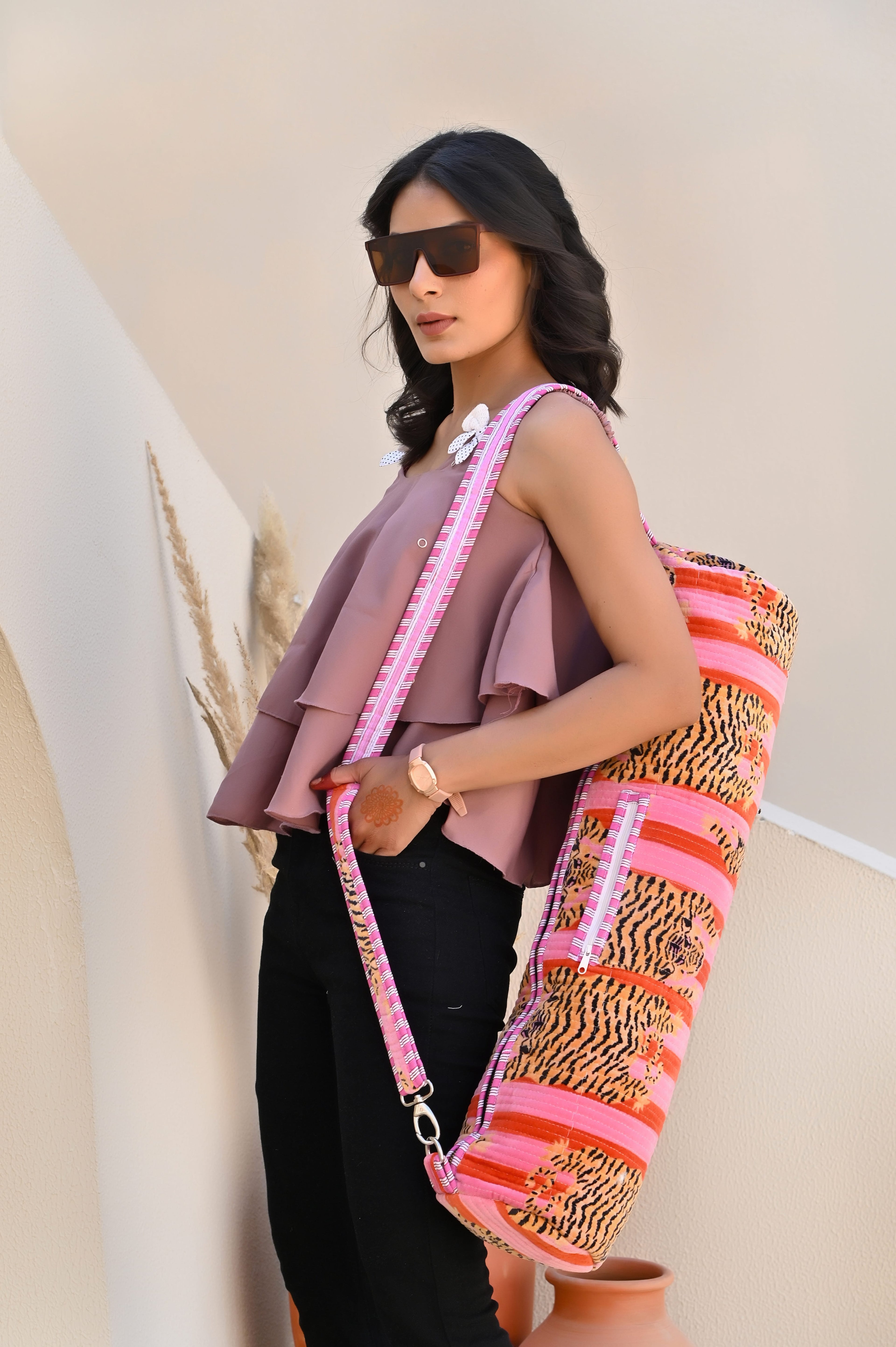 The Tibetan Tiger Velvet Yoga Bag — handmade quilted velvet yoga mat bag, ethically made in Rajasthan, India