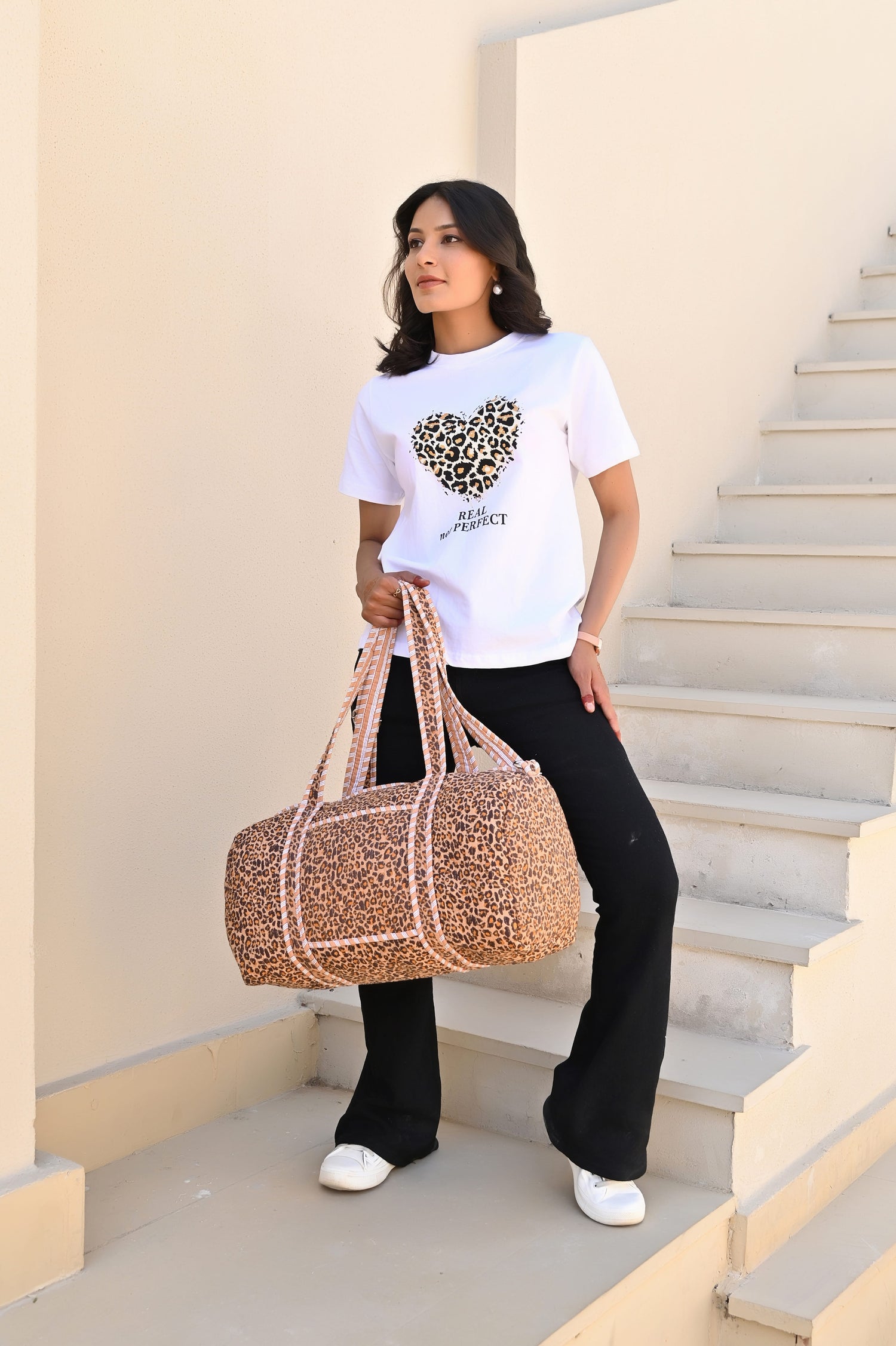 The Brown Leopard Print Cotton Weekender — handmade hand block printed cotton weekender bag, ethically made in Rajasthan, India