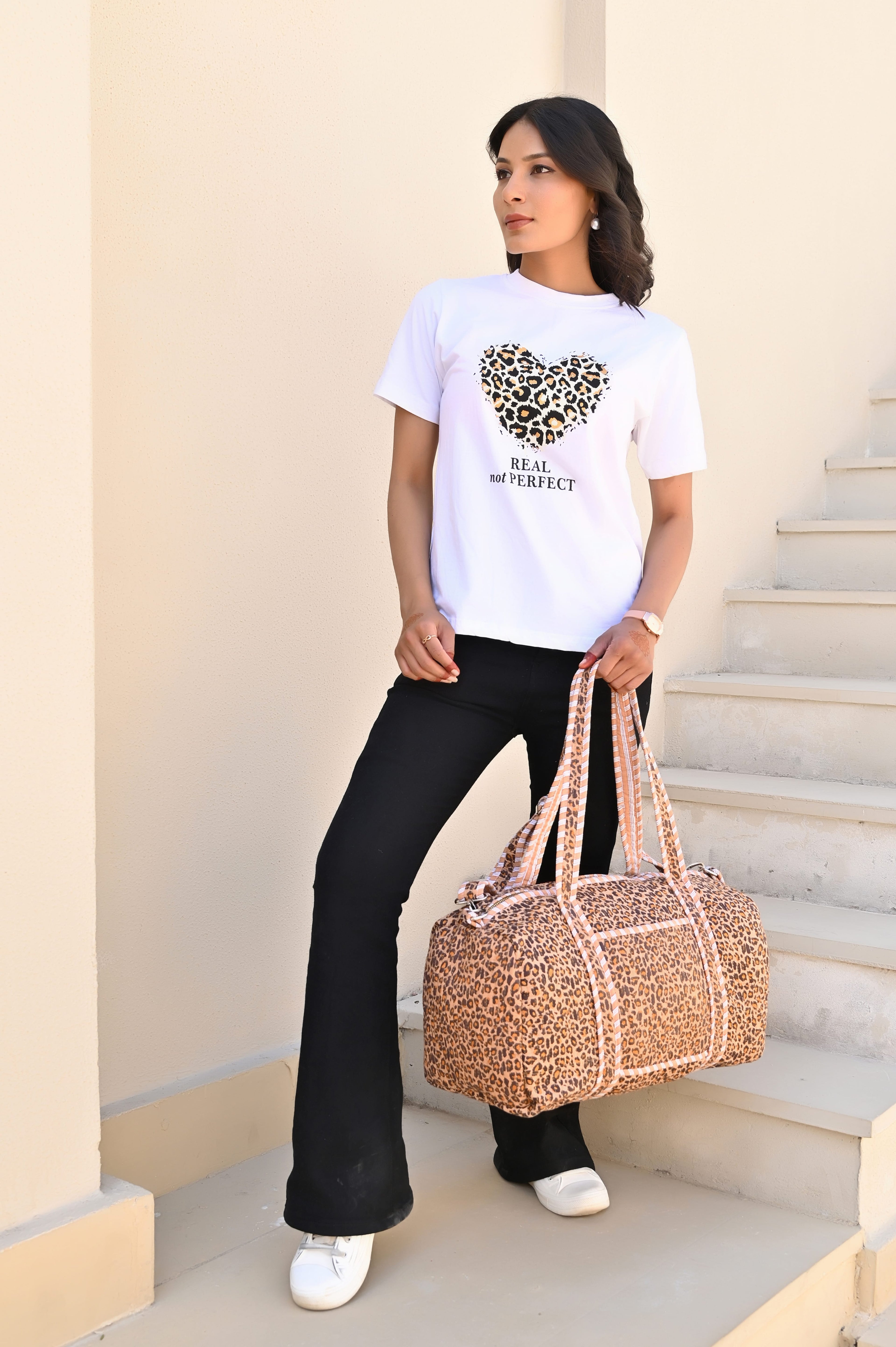 The Brown Leopard Print Cotton Weekender — handmade hand block printed cotton weekender bag, ethically made in Rajasthan, India