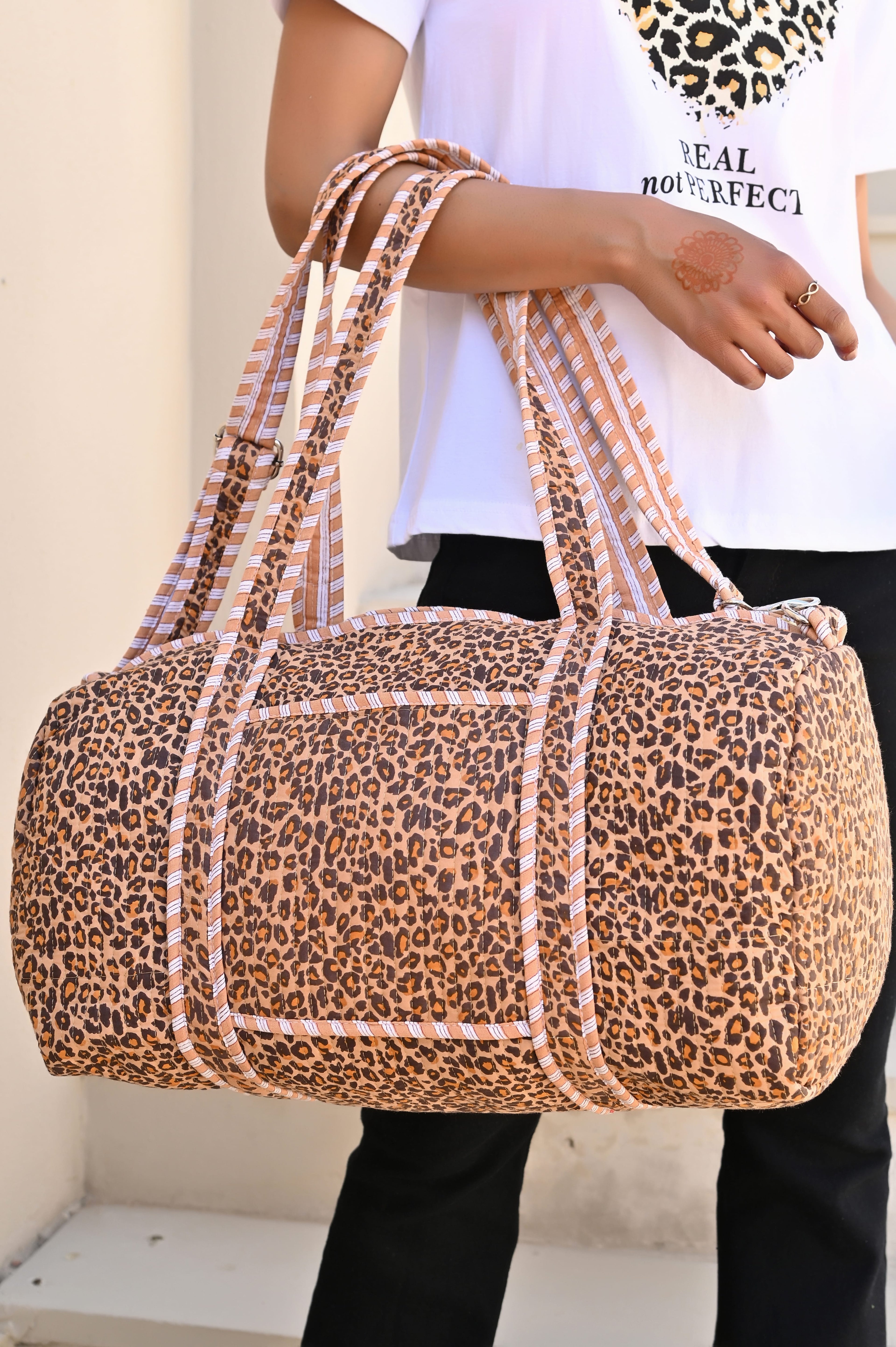 The Brown Leopard Print Cotton Weekender — handmade hand block printed cotton weekender bag, ethically made in Rajasthan, India