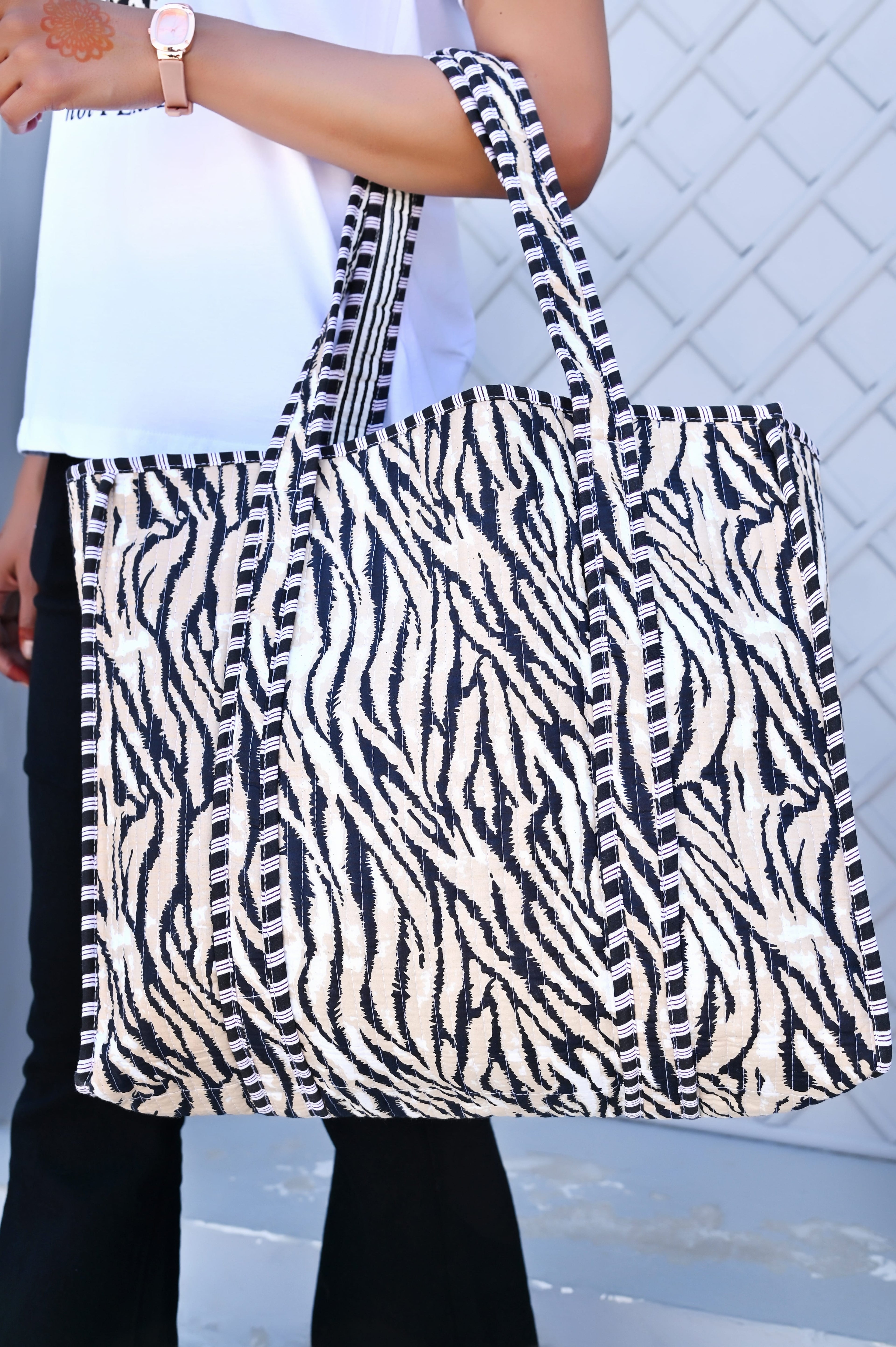 The Tiger Stripe Tote — handmade hand block printed cotton tote bag, ethically made in Rajasthan, India