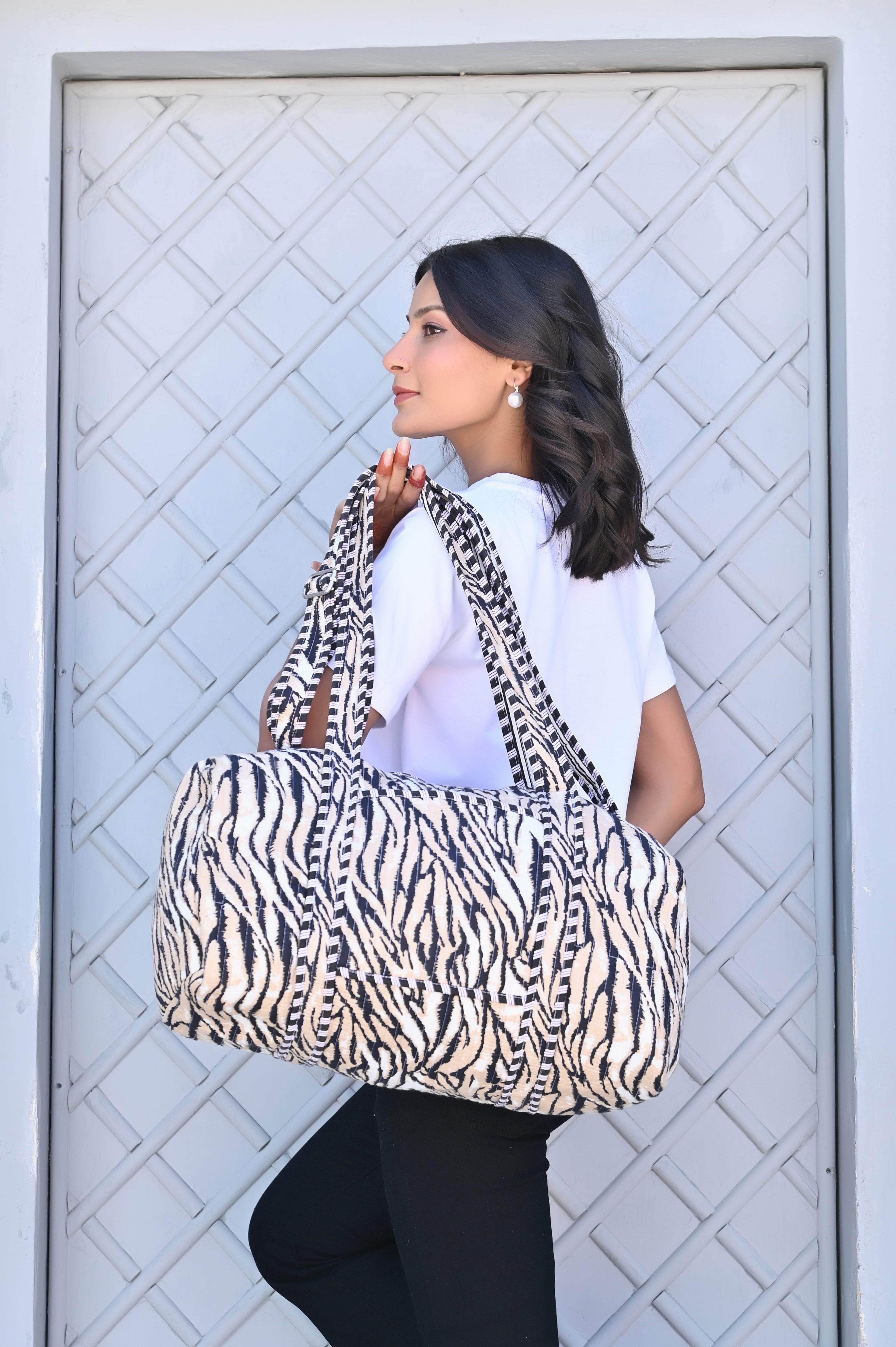 The Striped Tiger Cotton Weekender — handmade hand block printed cotton weekender bag, ethically made in Rajasthan, India