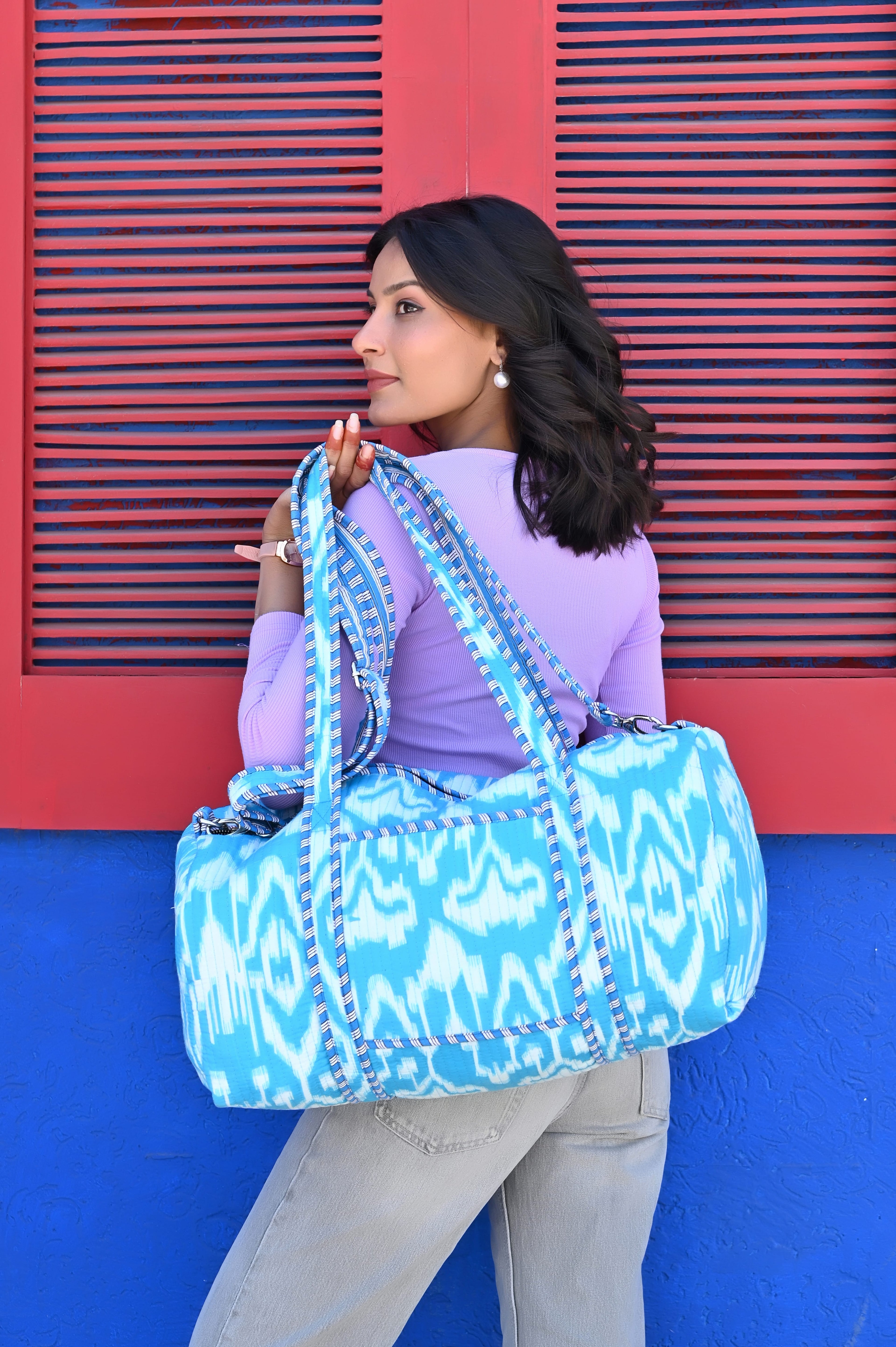 The Ikat Cotton Weekender — handmade hand block printed cotton weekender bag, ethically made in Rajasthan, India
