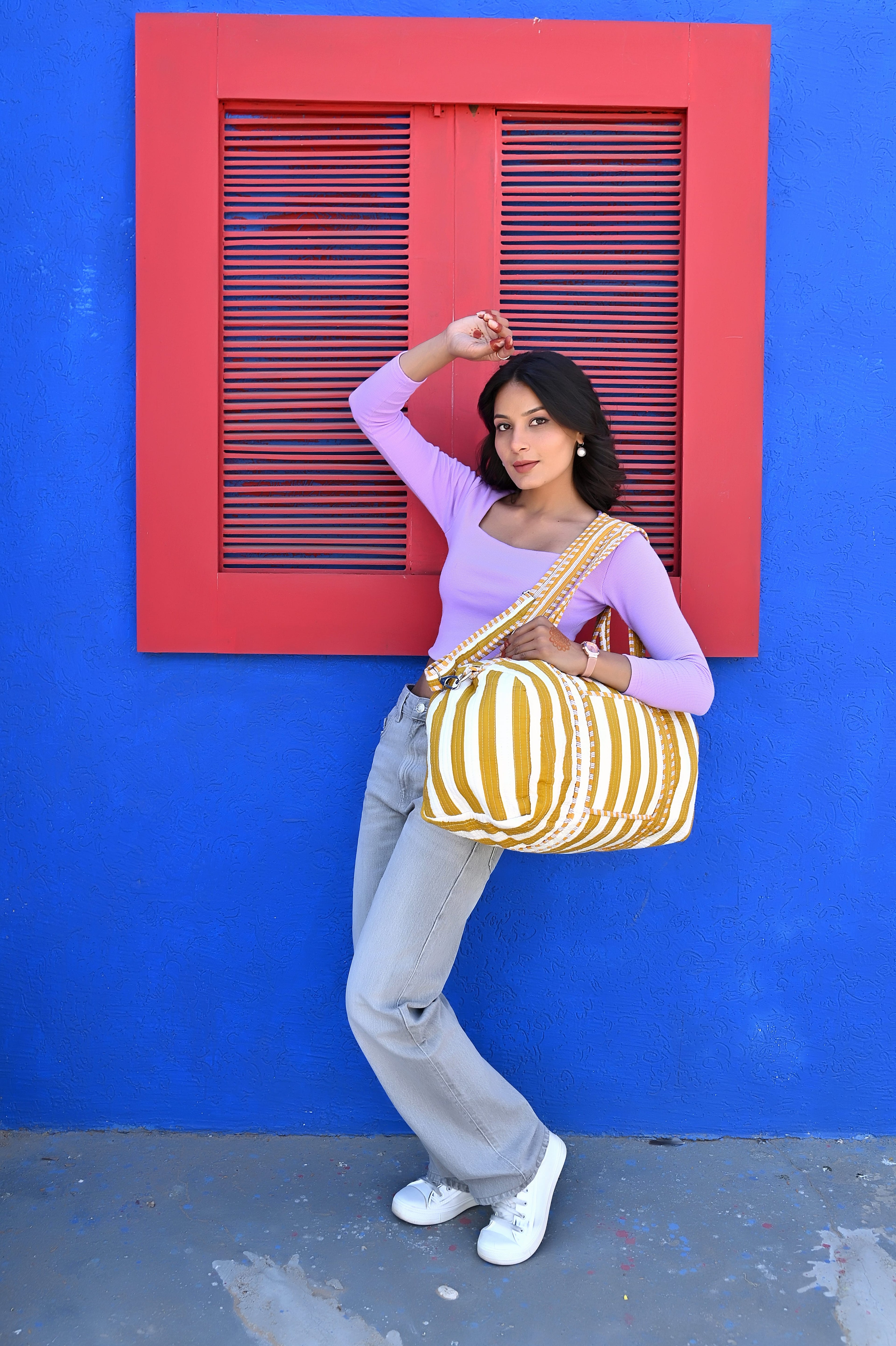 The Striped Cotton Weekender — handmade hand block printed cotton weekender bag, ethically made in Rajasthan, India