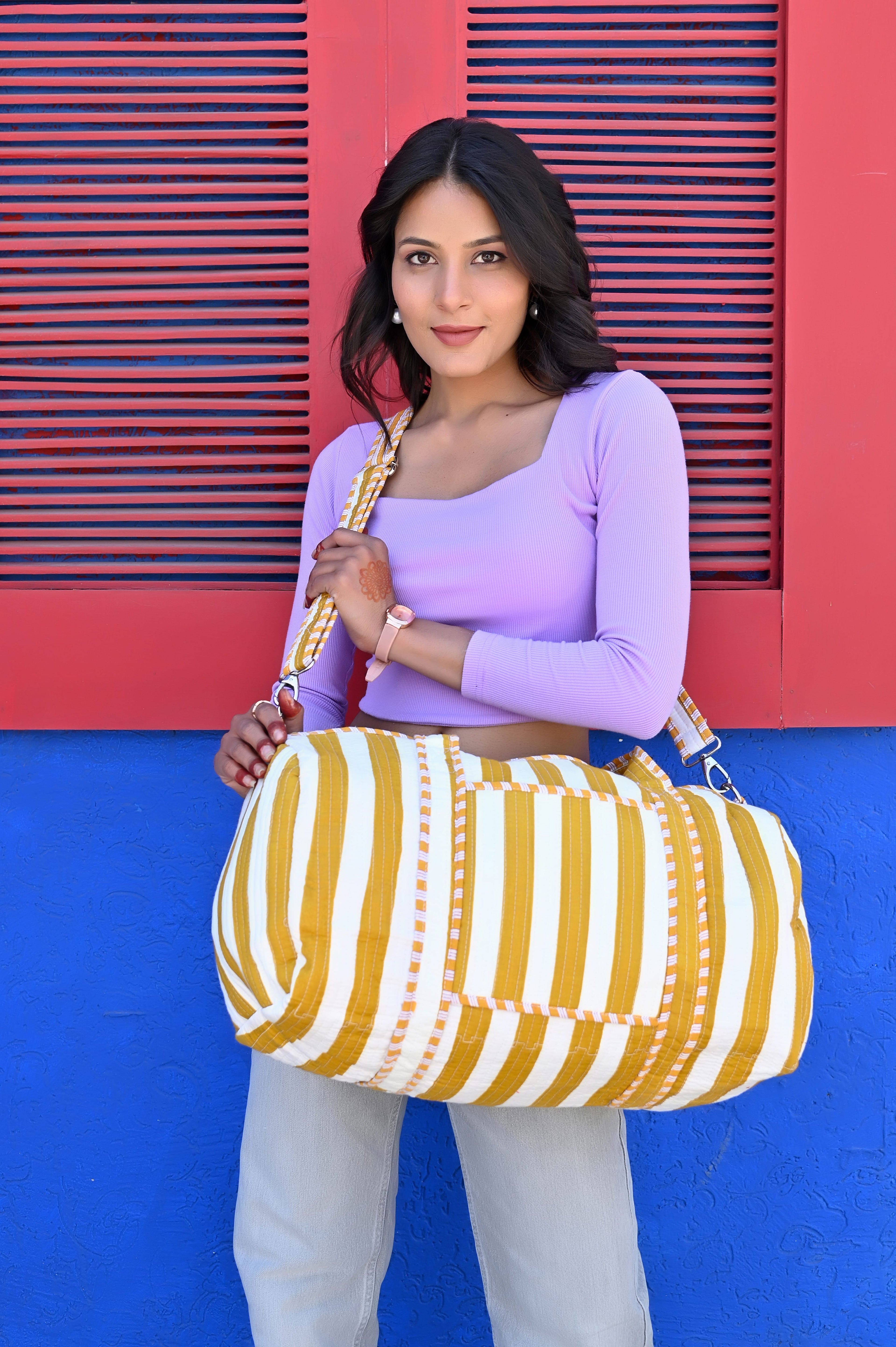 The Striped Cotton Weekender — handmade hand block printed cotton weekender bag, ethically made in Rajasthan, India