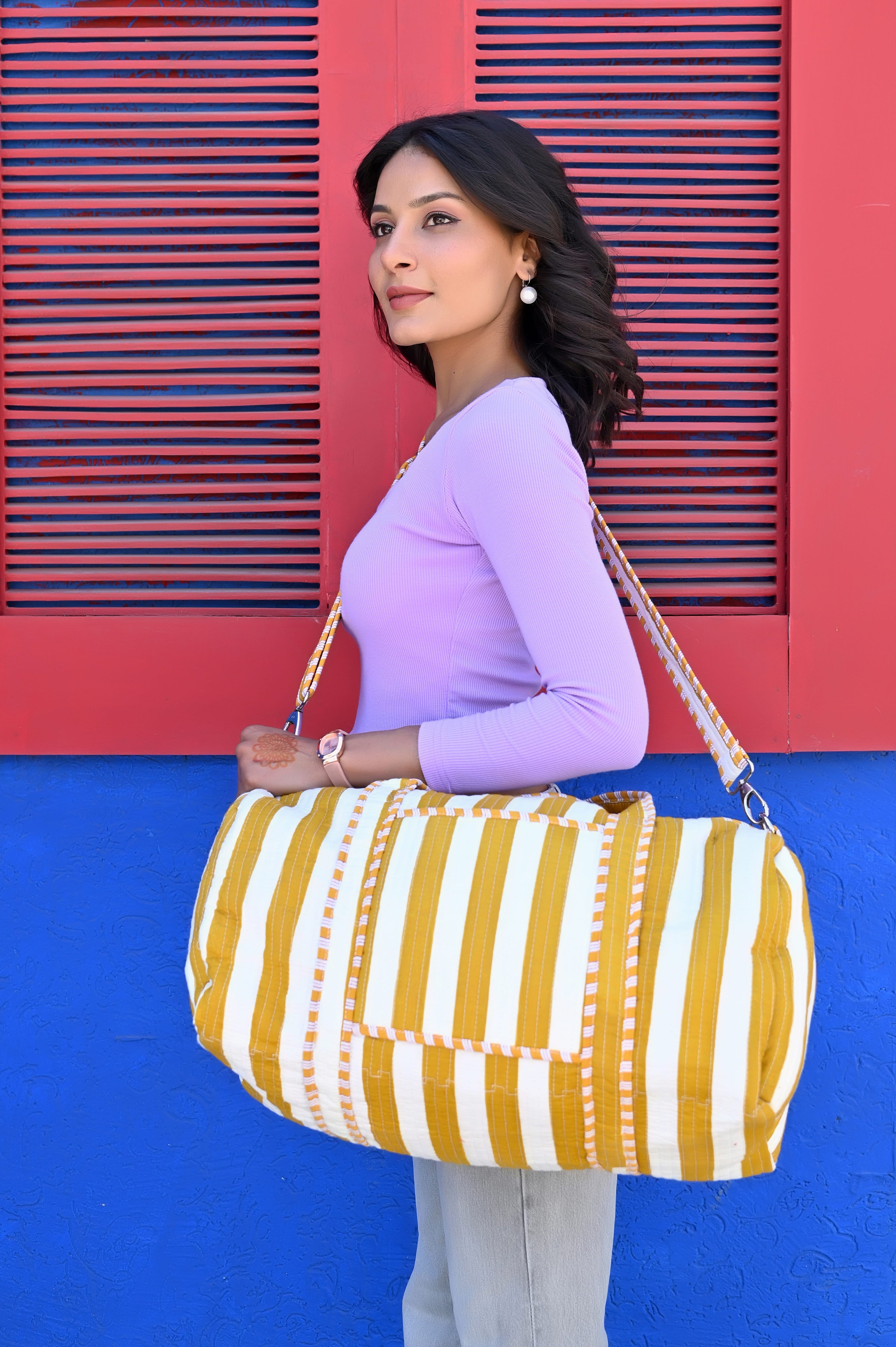 The Striped Cotton Weekender — handmade hand block printed cotton weekender bag, ethically made in Rajasthan, India