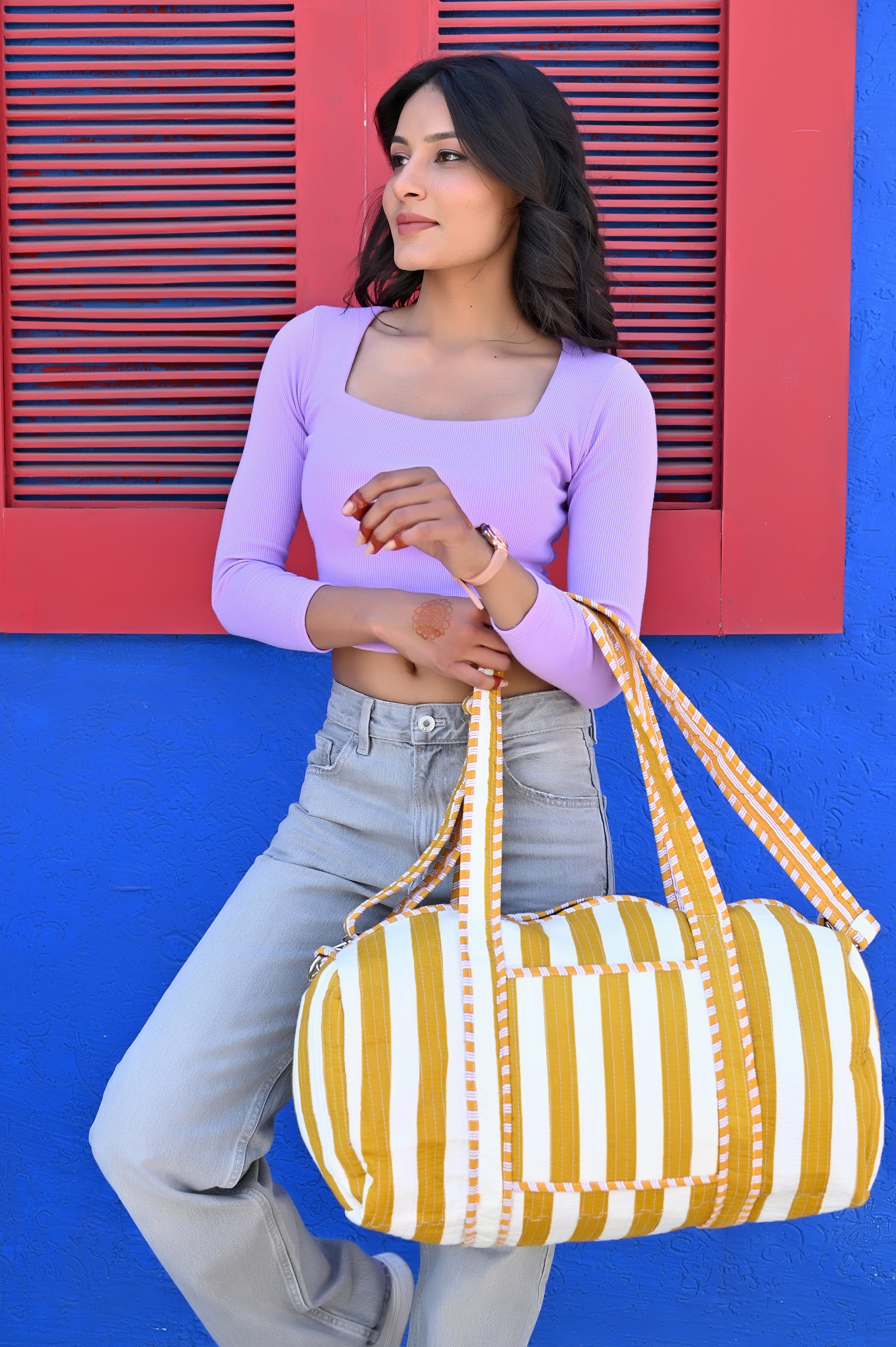 The Striped Cotton Weekender — handmade hand block printed cotton weekender bag, ethically made in Rajasthan, India