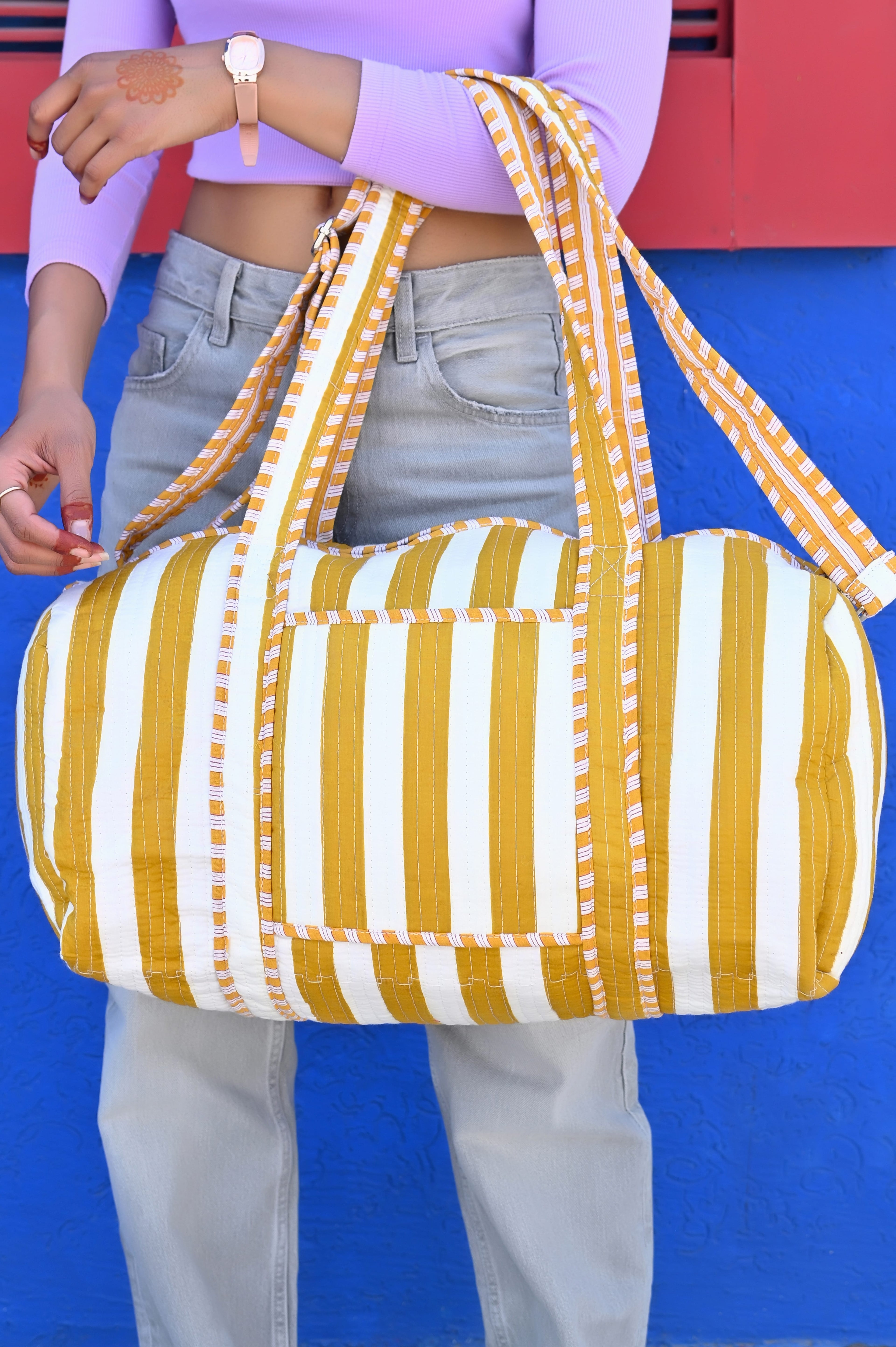 The Striped Cotton Weekender — handmade hand block printed cotton weekender bag, ethically made in Rajasthan, India