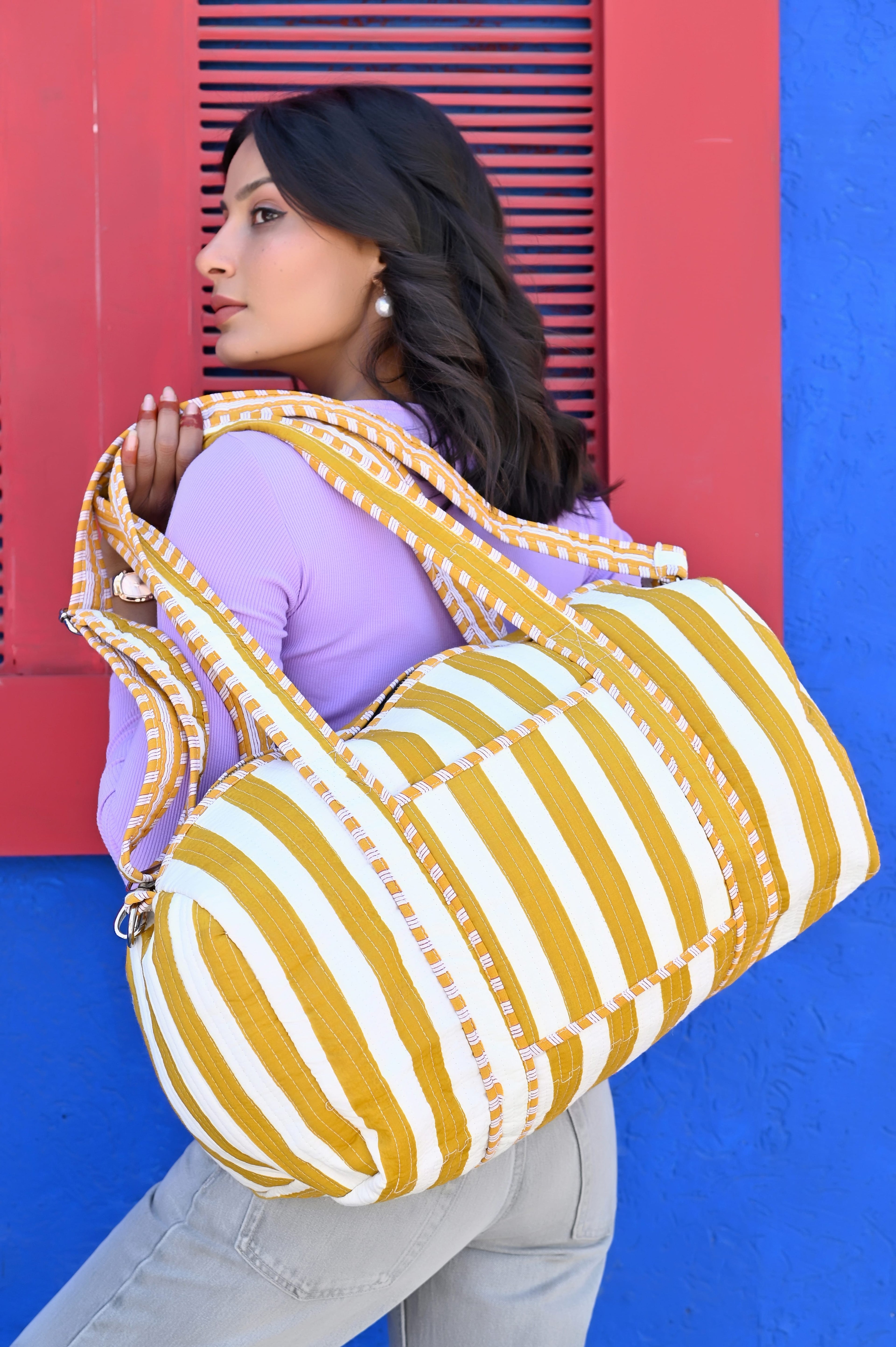 The Striped Cotton Weekender — handmade hand block printed cotton weekender bag, ethically made in Rajasthan, India