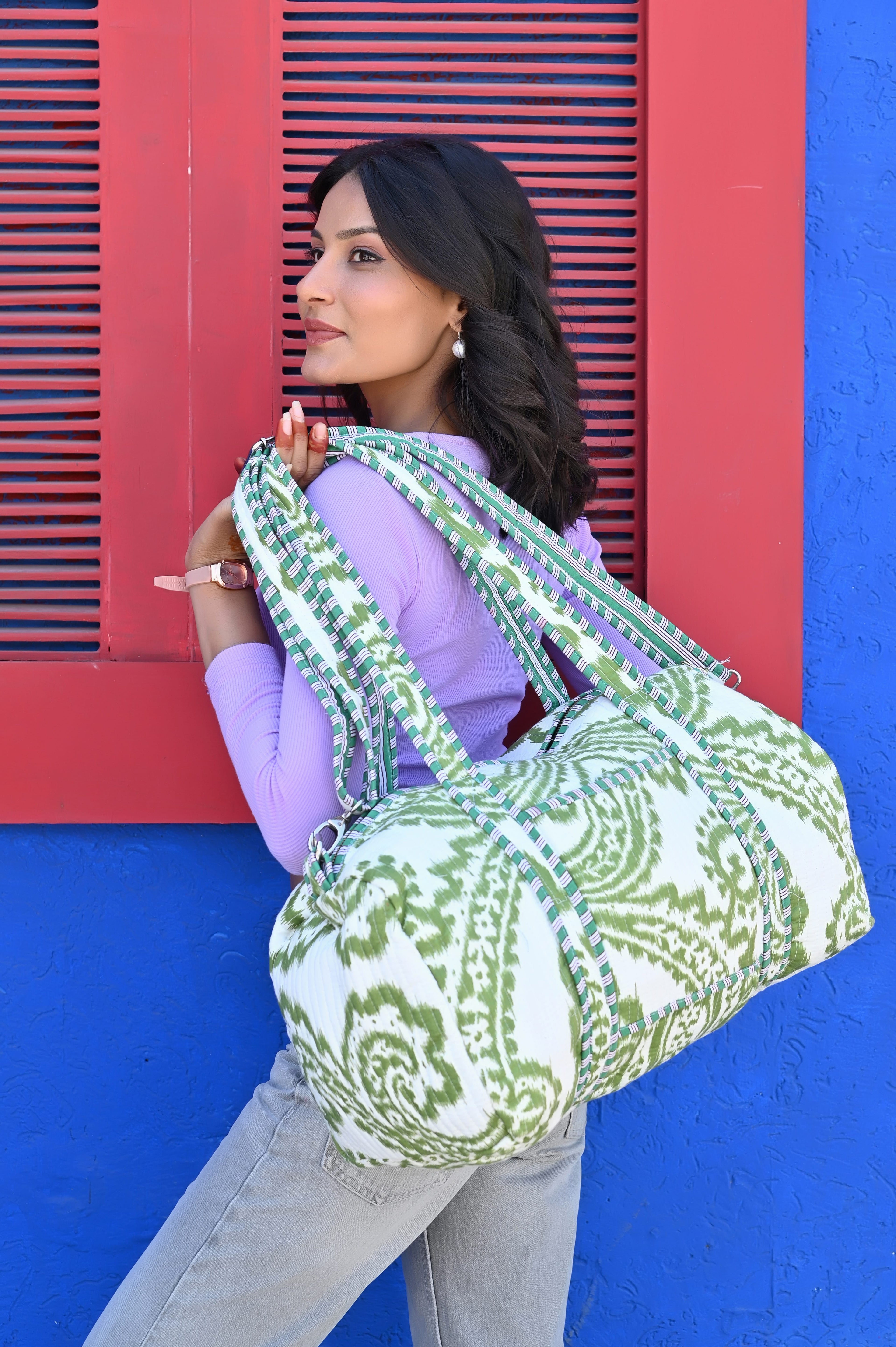 The Ikat Cotton Weekender — handmade hand block printed cotton weekender bag, ethically made in Rajasthan, India