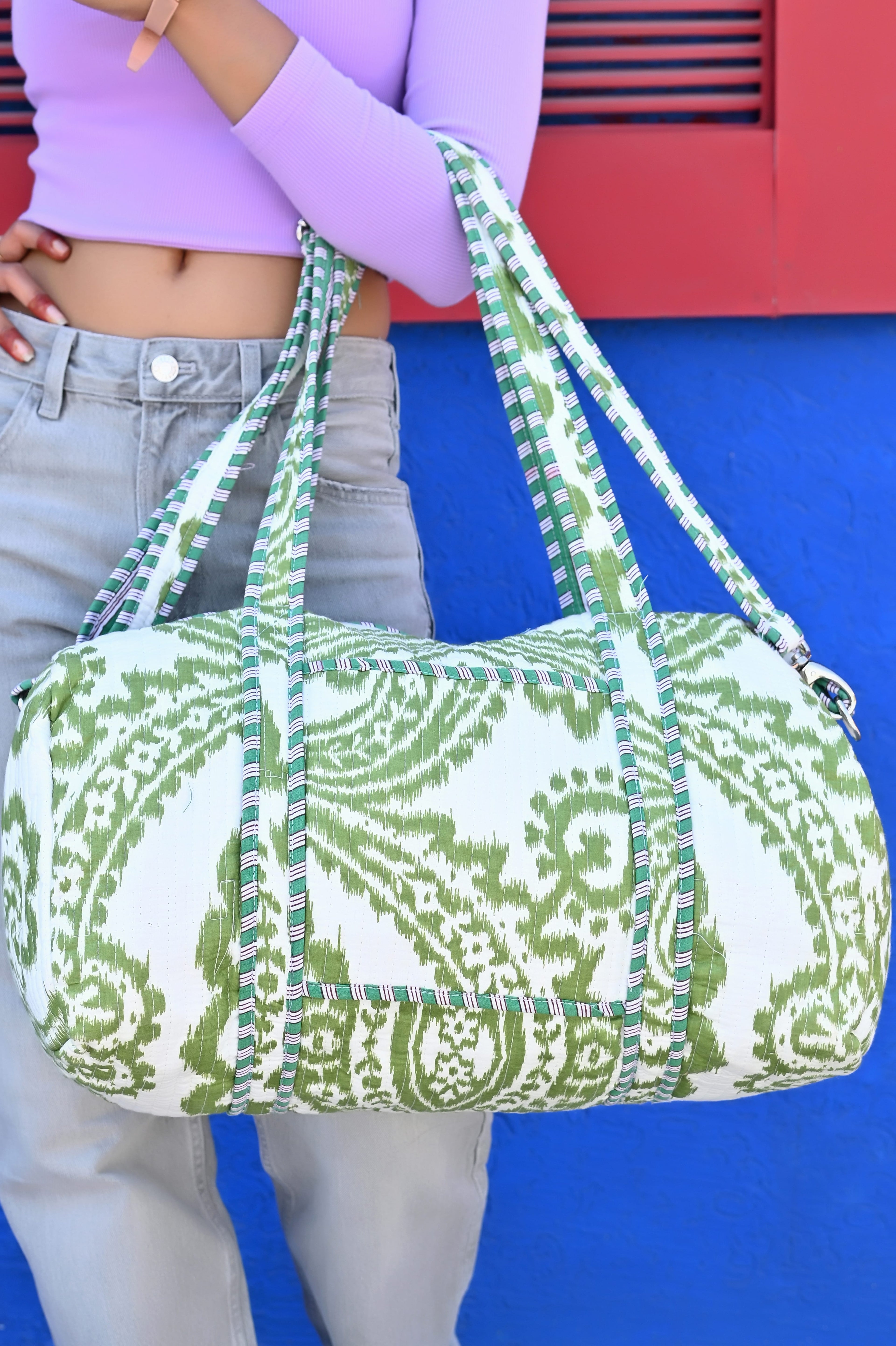 The Ikat Cotton Weekender — handmade hand block printed cotton weekender bag, ethically made in Rajasthan, India
