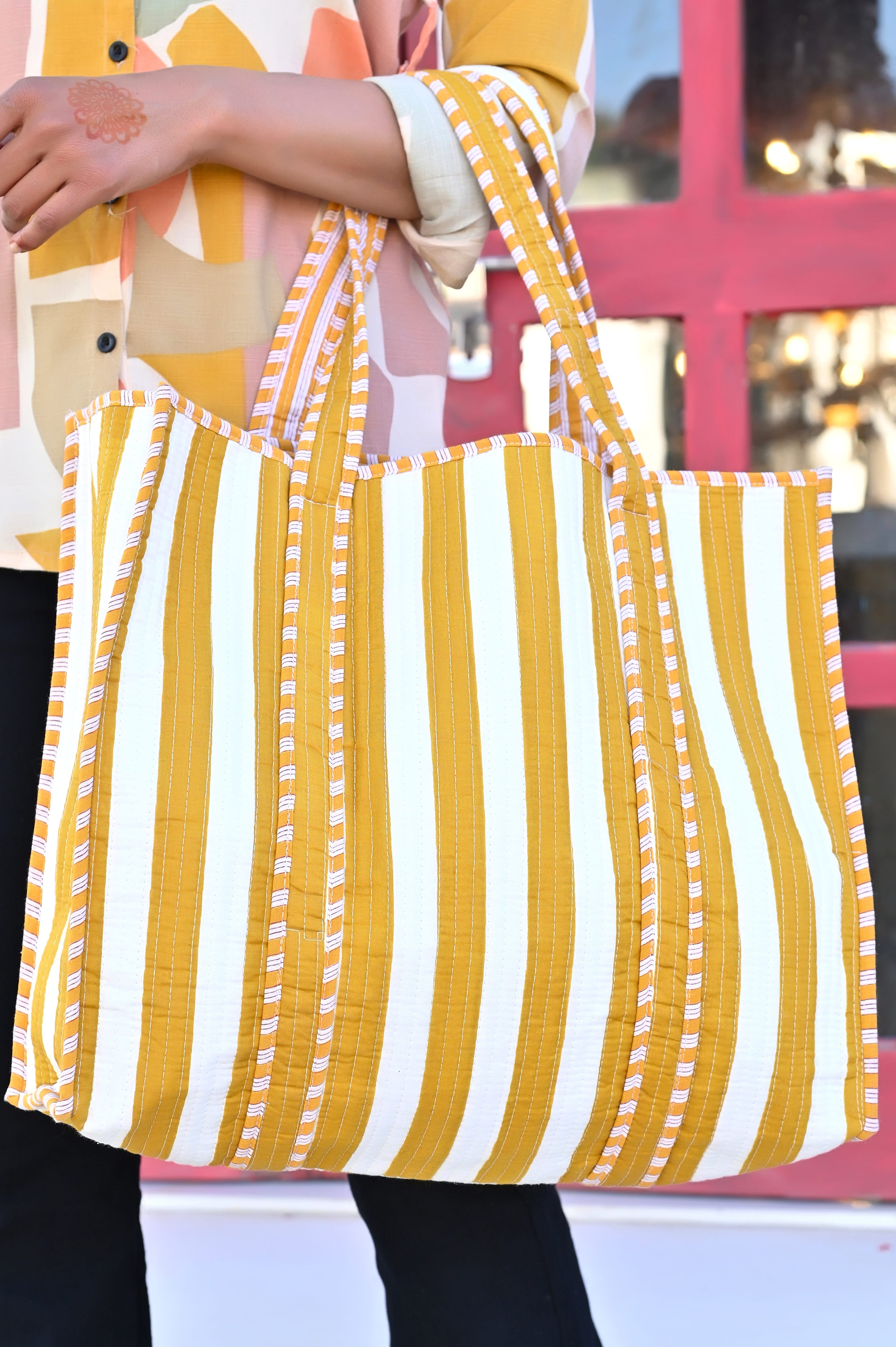The Stripe Tote — handmade hand block printed cotton tote bag, ethically made in Rajasthan, India