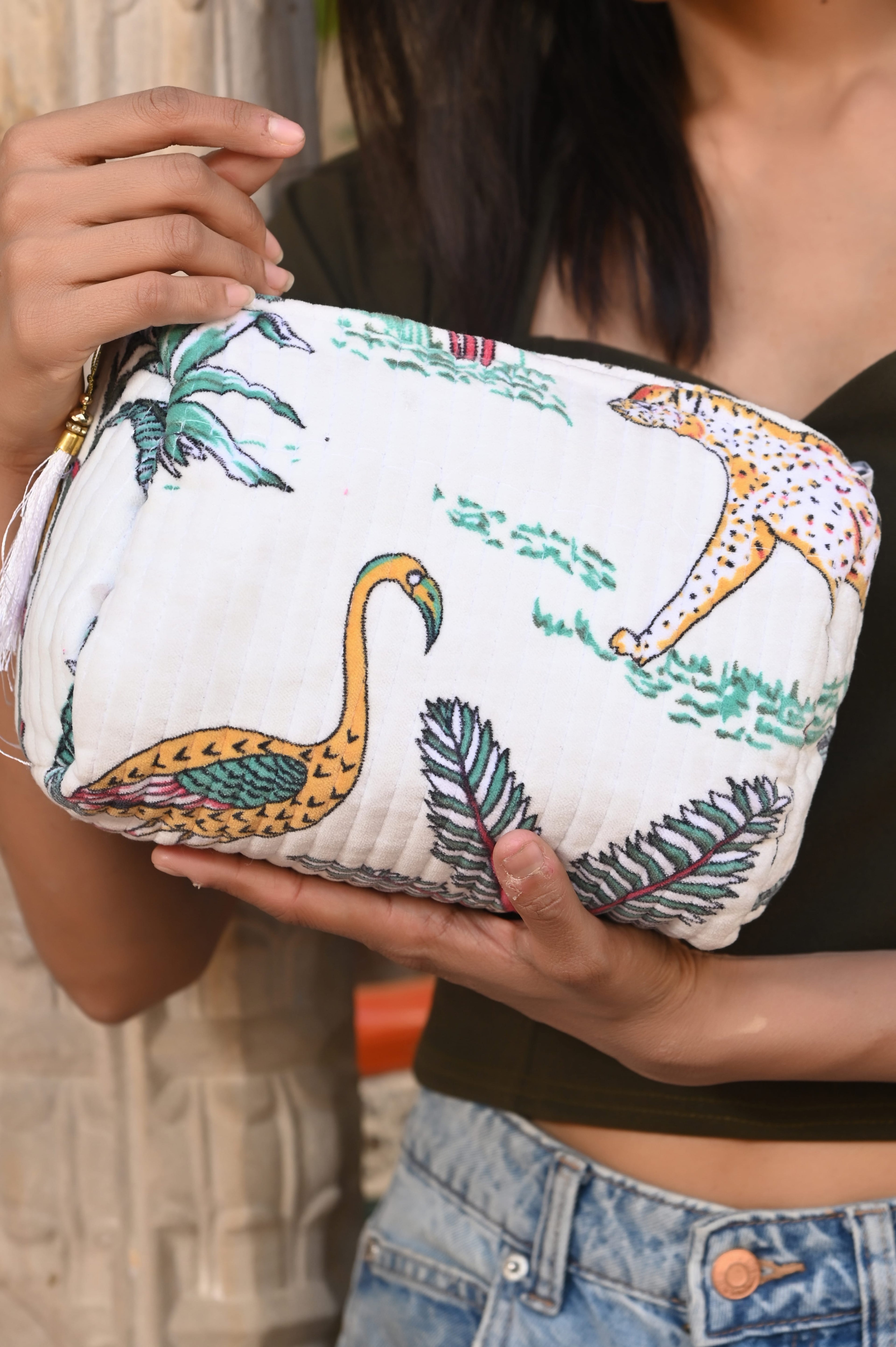 The Jungle Velvet 3 Piece Travel Set — handmade quilted velvet travel pouch set, ethically made in Rajasthan, India
