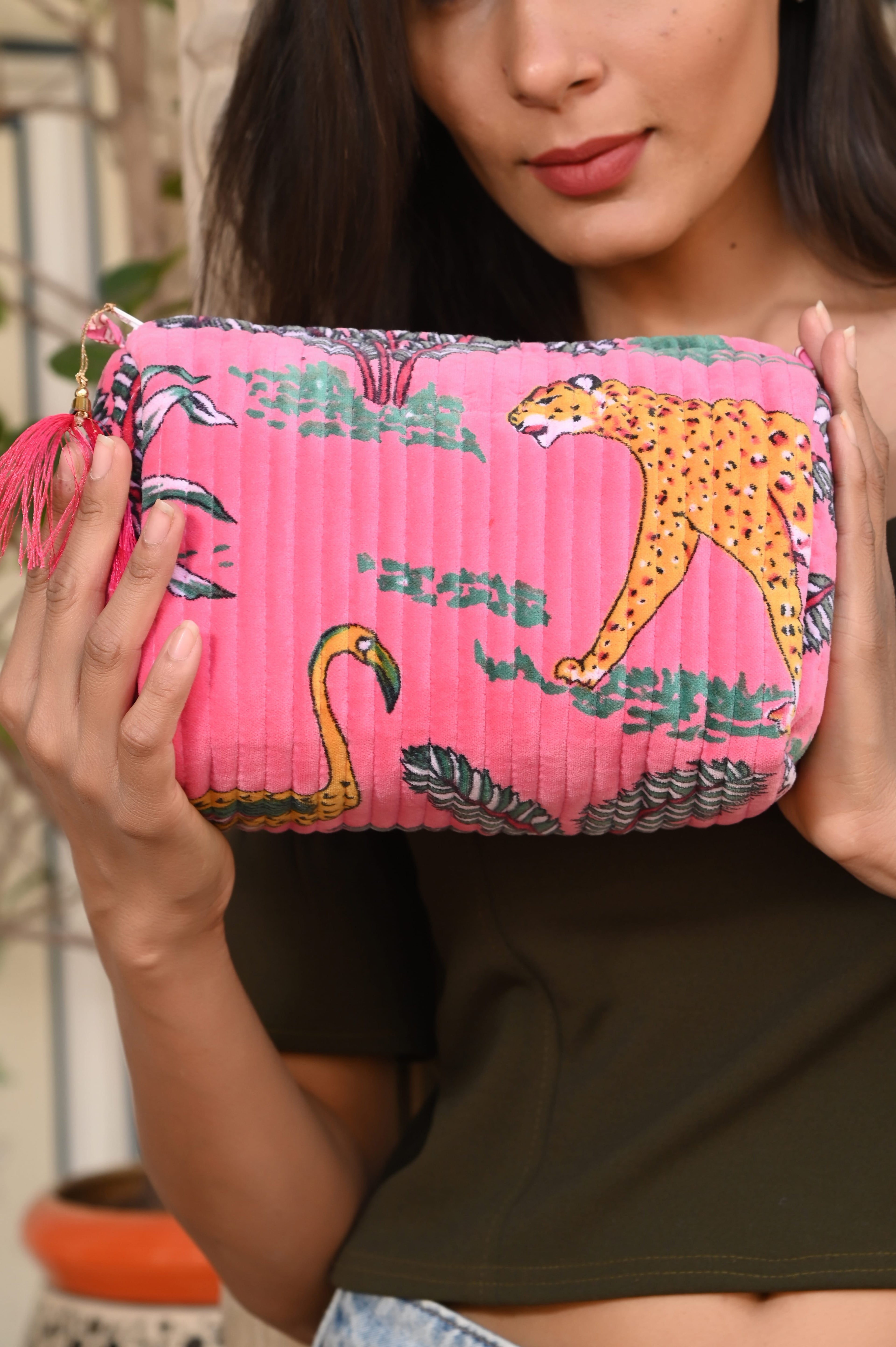 The Jungle Velvet 3 Piece Travel Set — handmade quilted velvet travel pouch set, ethically made in Rajasthan, India