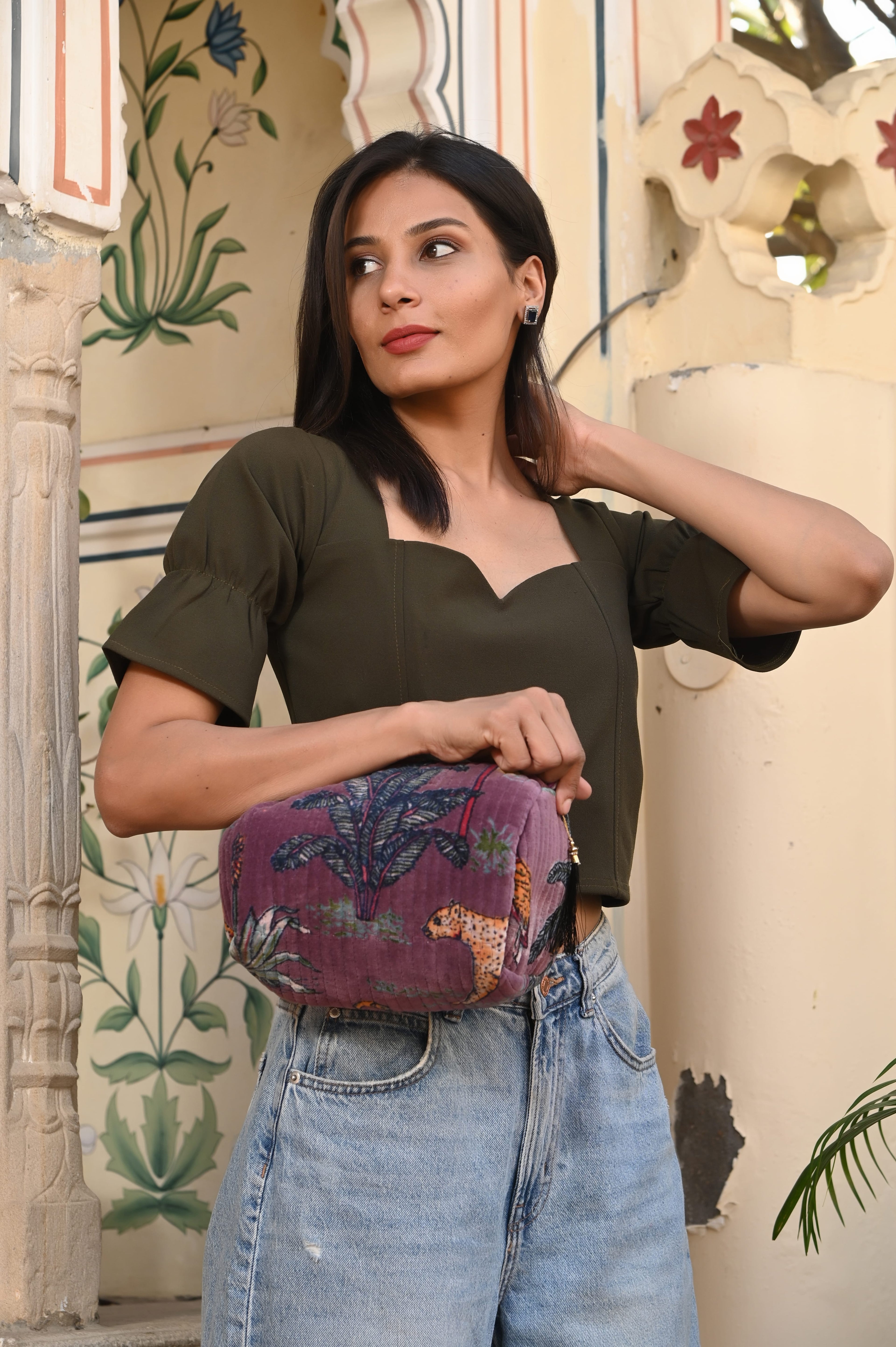 The Jungle Velvet 3 Piece Travel Set — handmade quilted velvet travel pouch set, ethically made in Rajasthan, India