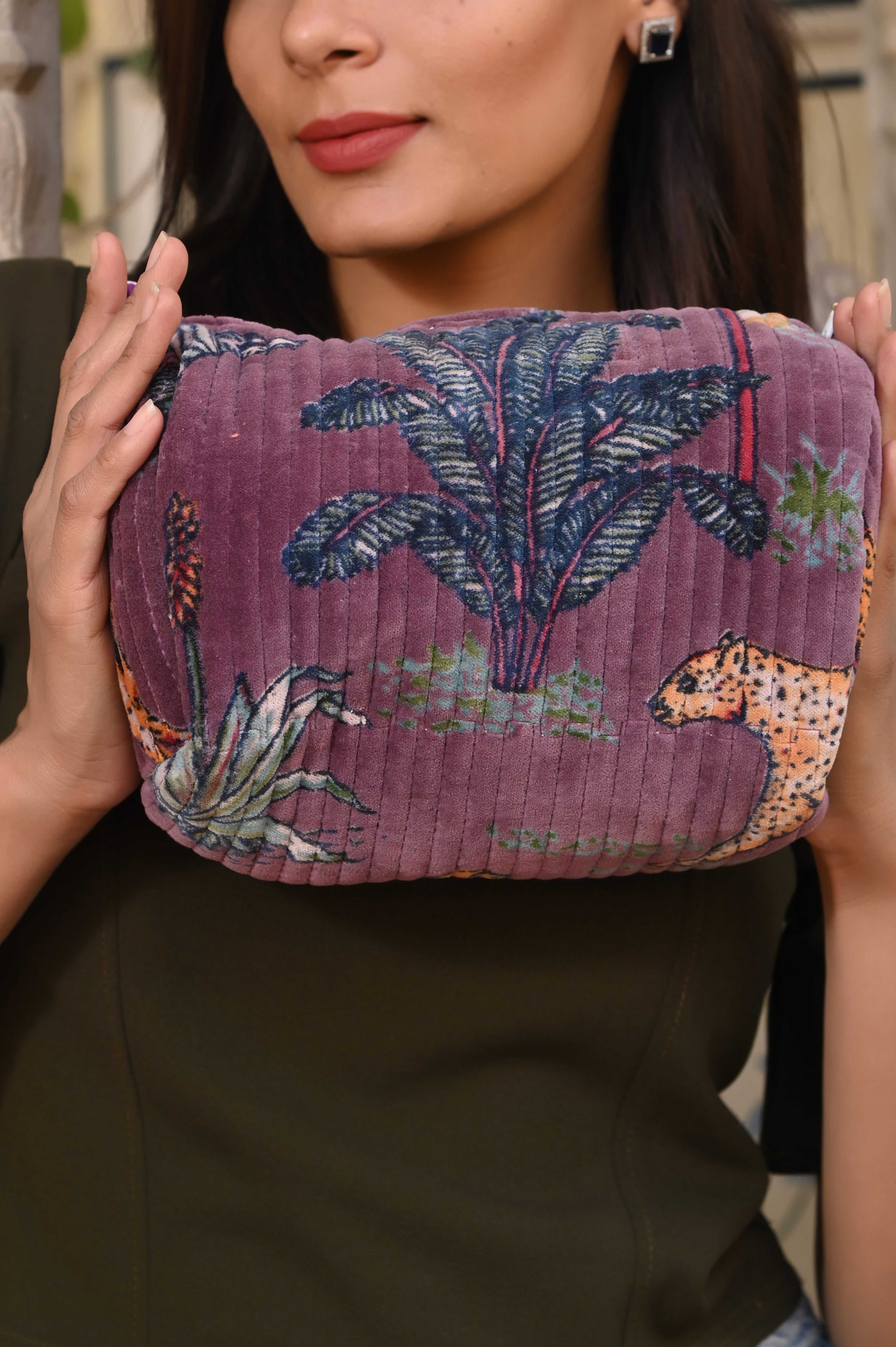 The Jungle Velvet 3 Piece Travel Set — handmade quilted velvet travel pouch set, ethically made in Rajasthan, India