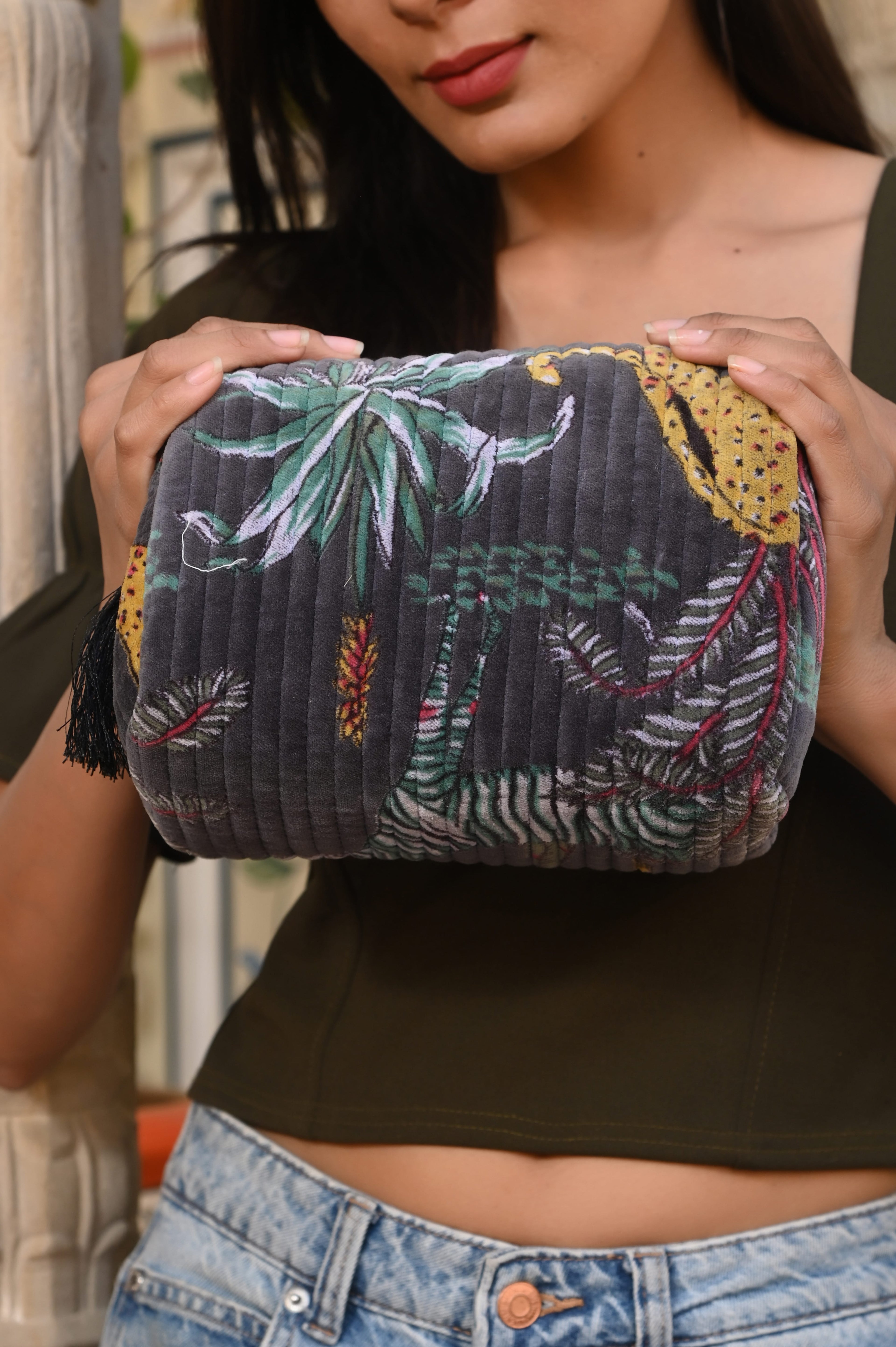 The Jungle Velvet 3 Piece Travel Set — handmade quilted velvet travel pouch set, ethically made in Rajasthan, India