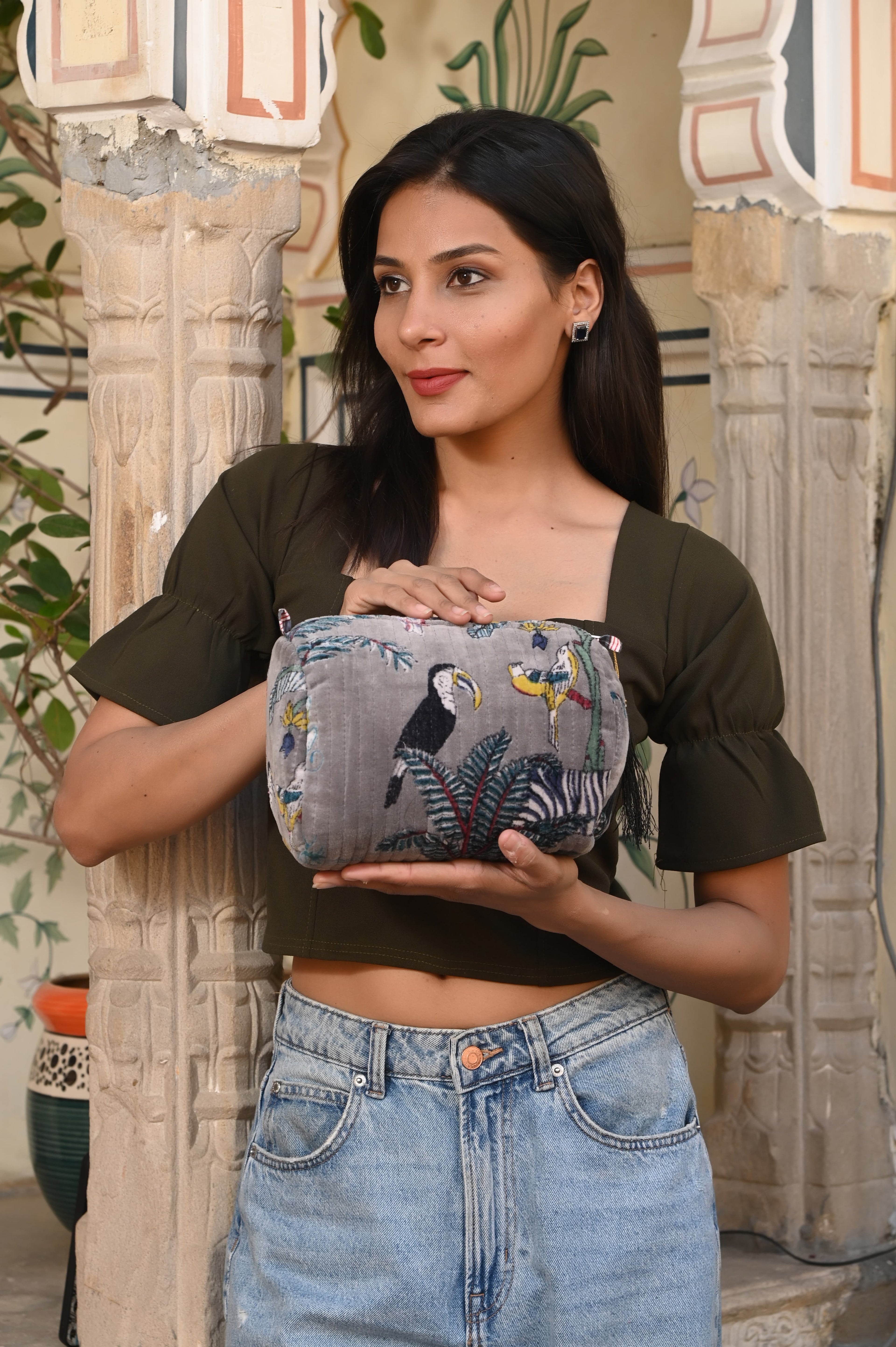 The Jungle Velvet 3 Piece Travel Set — handmade quilted velvet travel pouch set, ethically made in Rajasthan, India