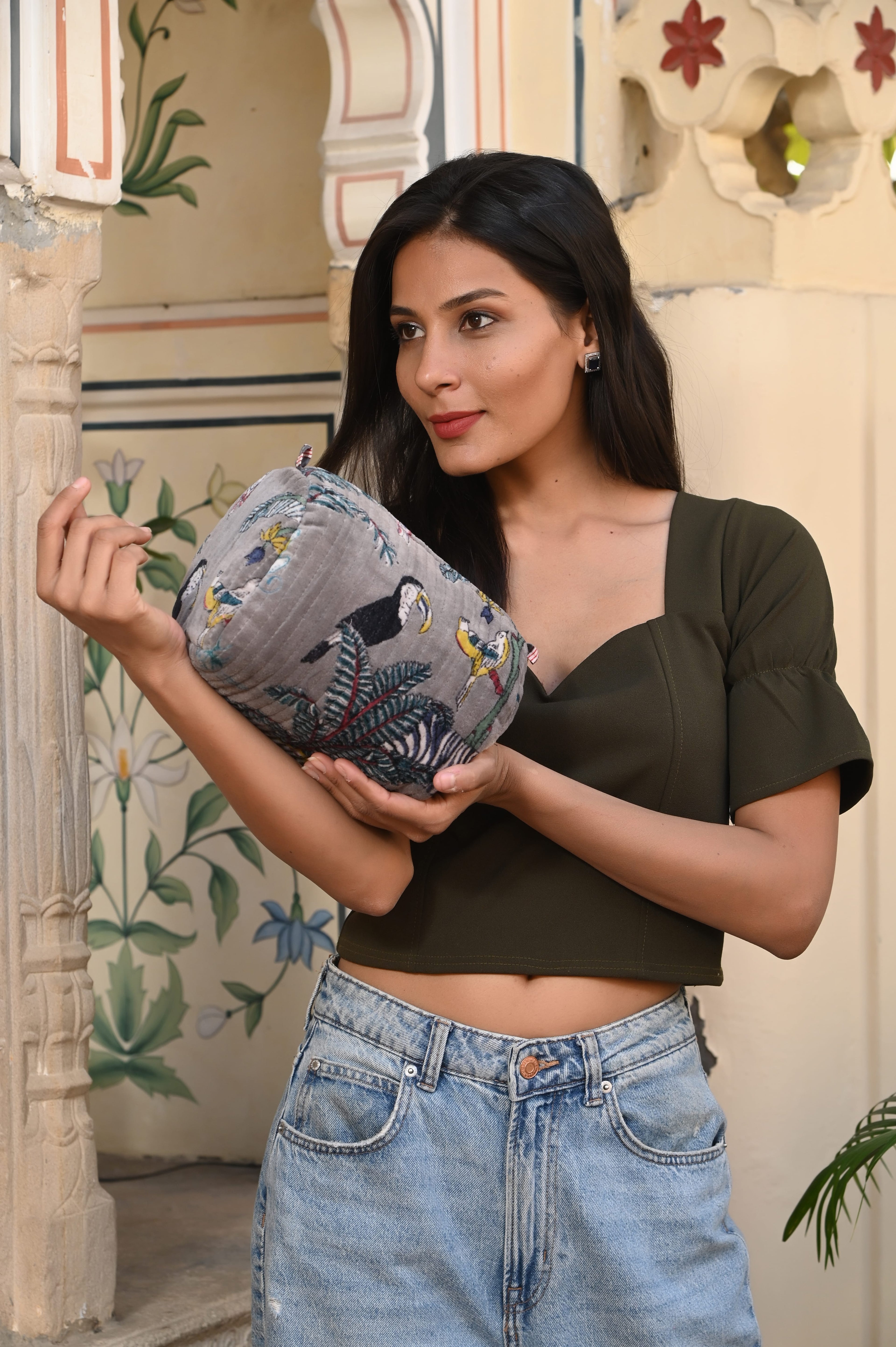 The Jungle Velvet 3 Piece Travel Set — handmade quilted velvet travel pouch set, ethically made in Rajasthan, India