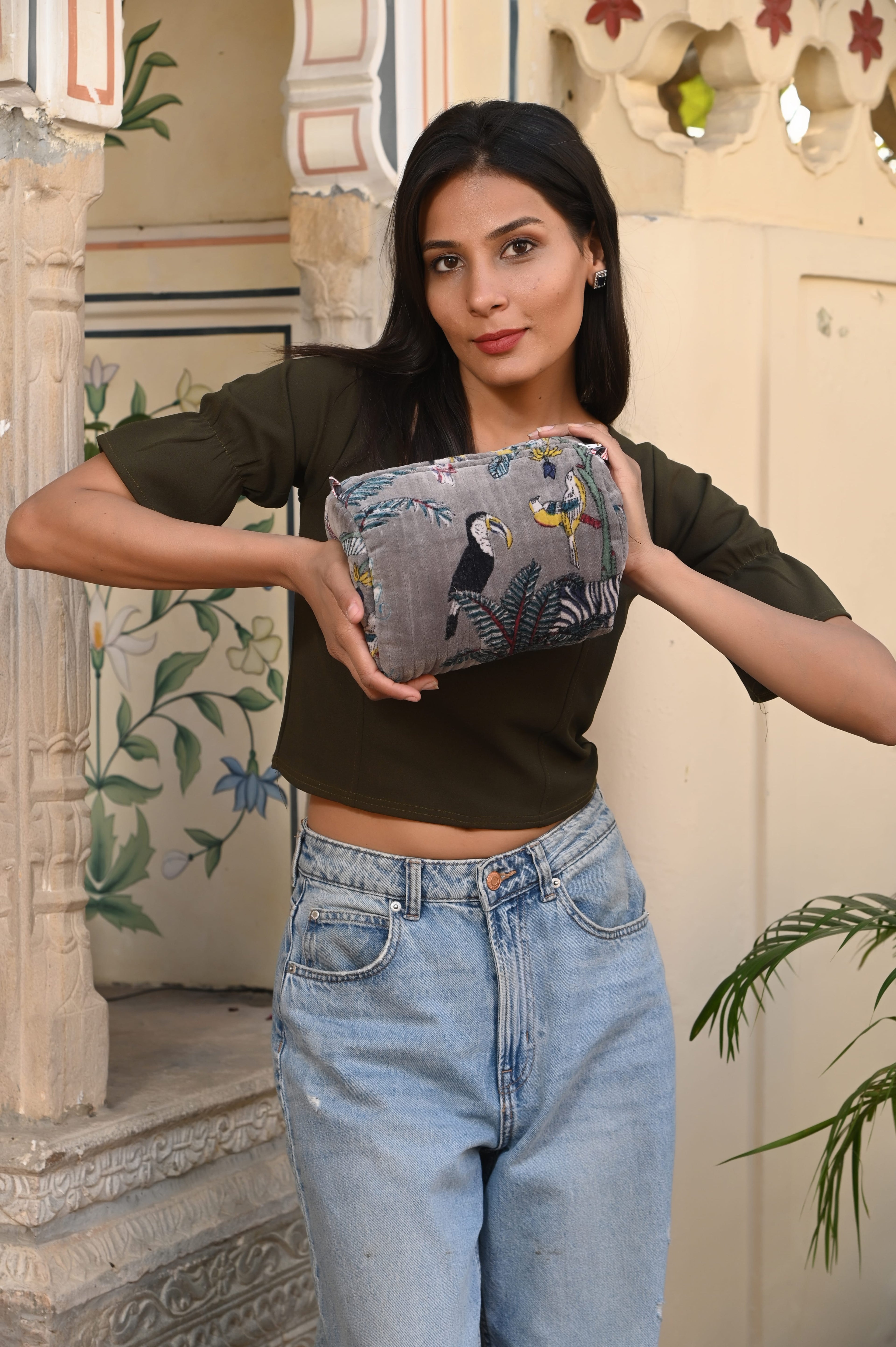 The Jungle Velvet 3 Piece Travel Set — handmade quilted velvet travel pouch set, ethically made in Rajasthan, India