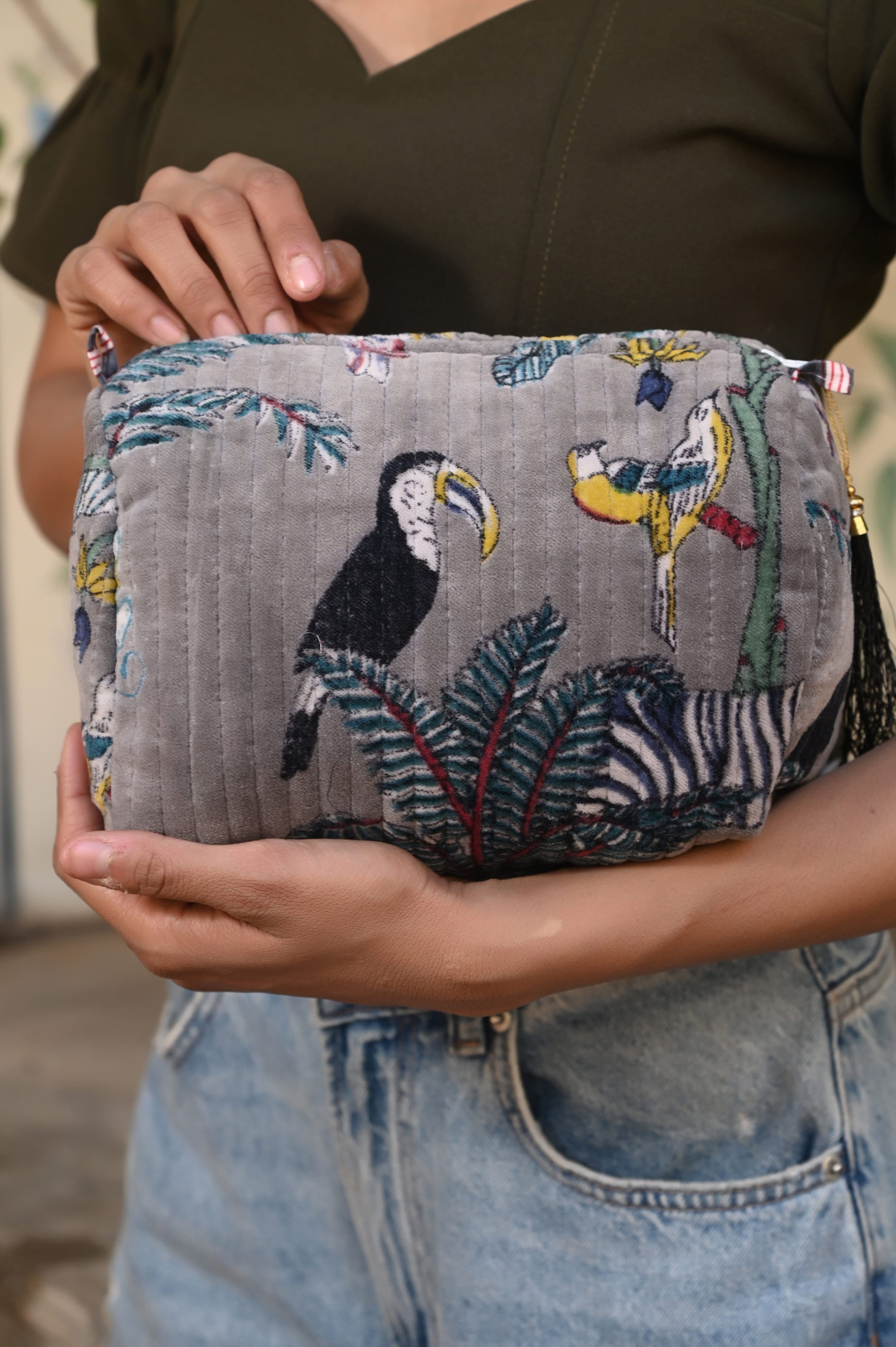 The Jungle Velvet 3 Piece Travel Set — handmade quilted velvet travel pouch set, ethically made in Rajasthan, India