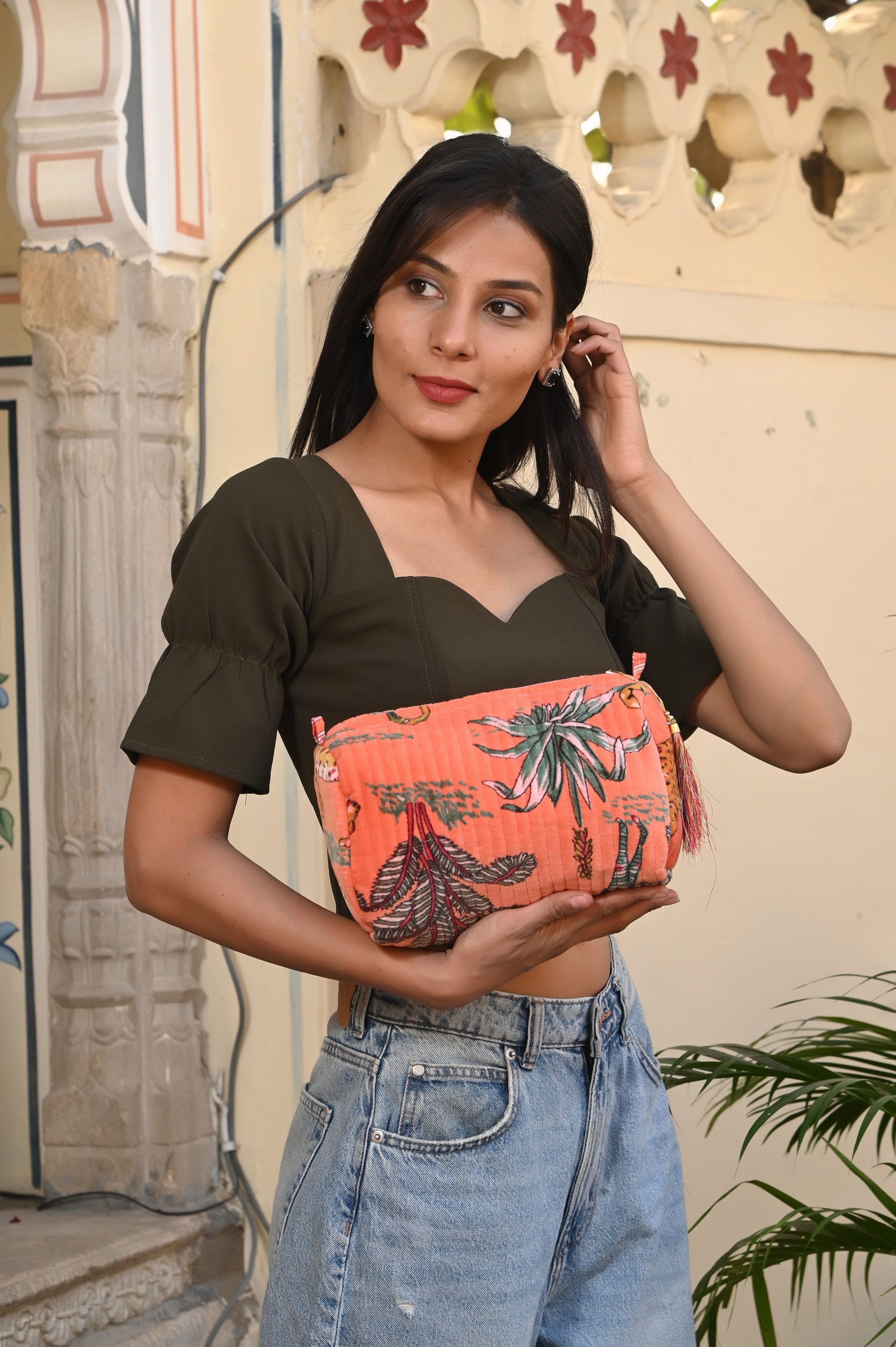 The Jungle Velvet 3 Piece Travel Set — handmade quilted velvet travel pouch set, ethically made in Rajasthan, India
