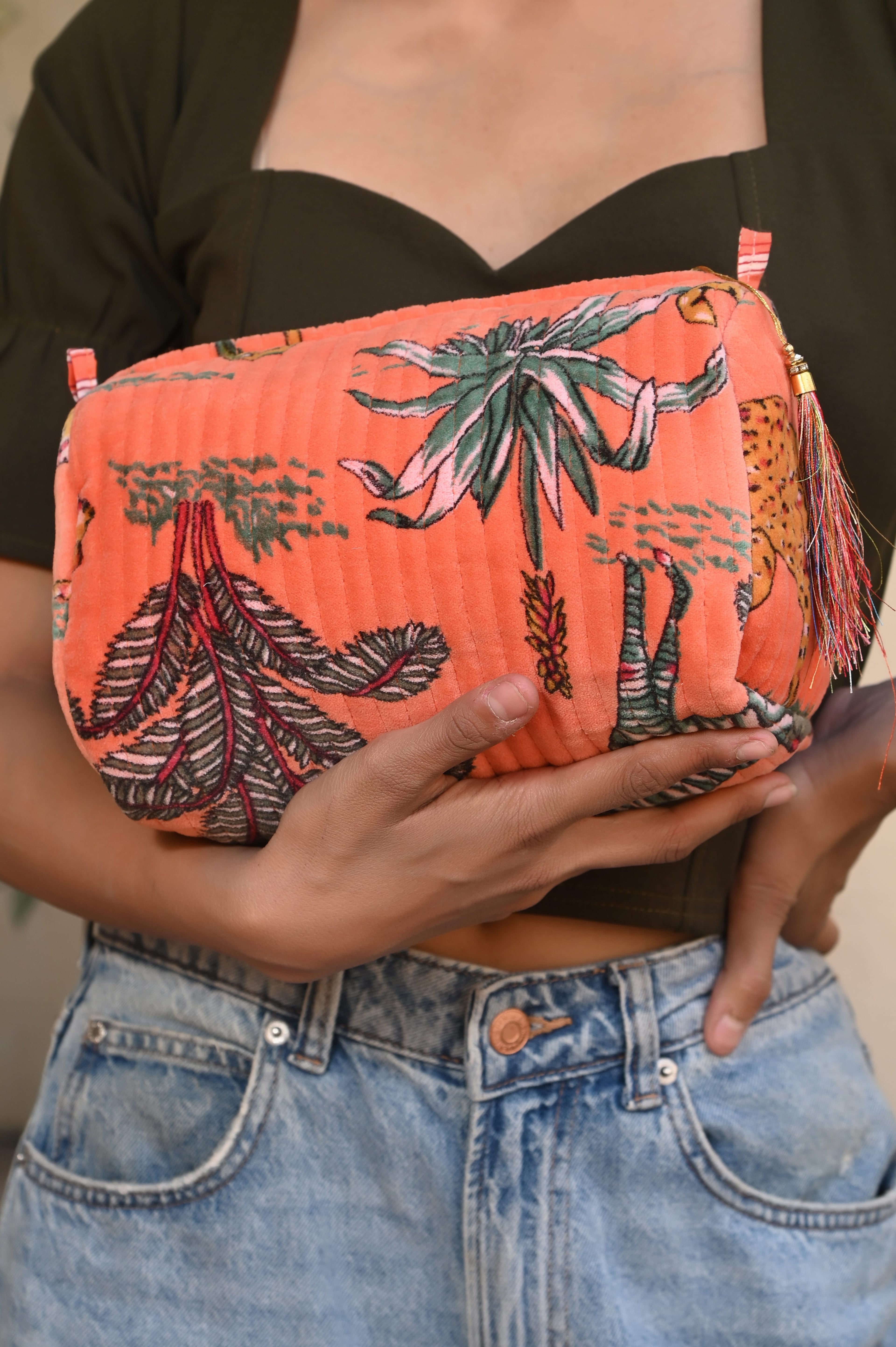 The Jungle Velvet 3 Piece Travel Set — handmade quilted velvet travel pouch set, ethically made in Rajasthan, India
