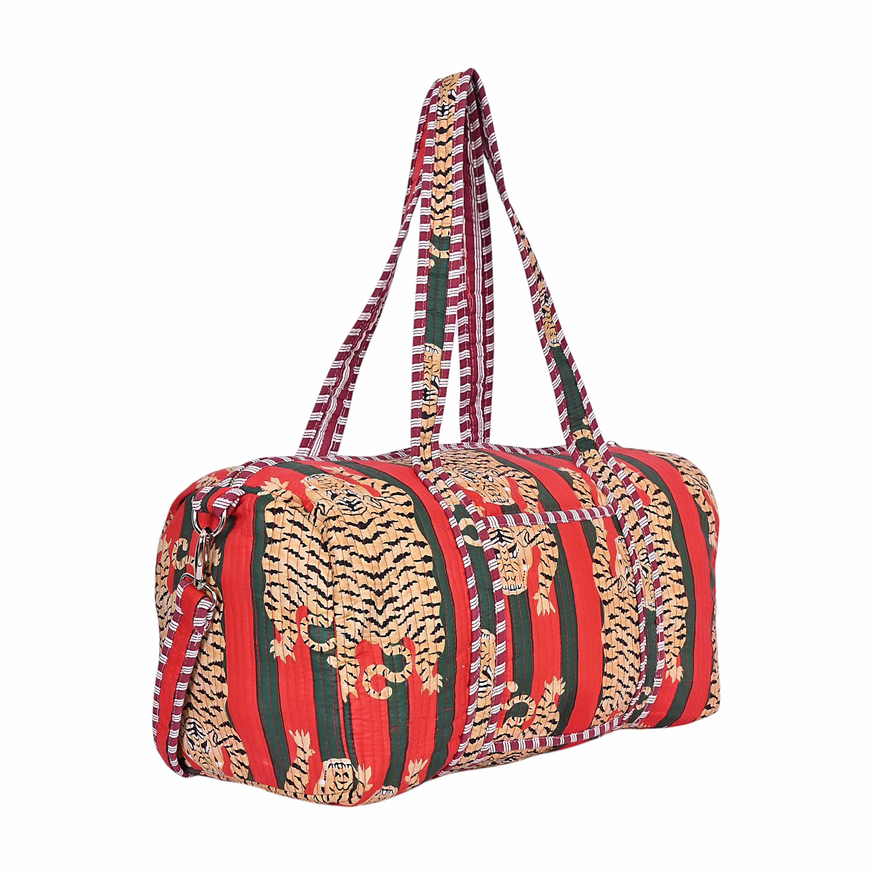 The Tibetan Tiger Weekender — handmade hand block printed cotton weekender bag, ethically made in Rajasthan, India