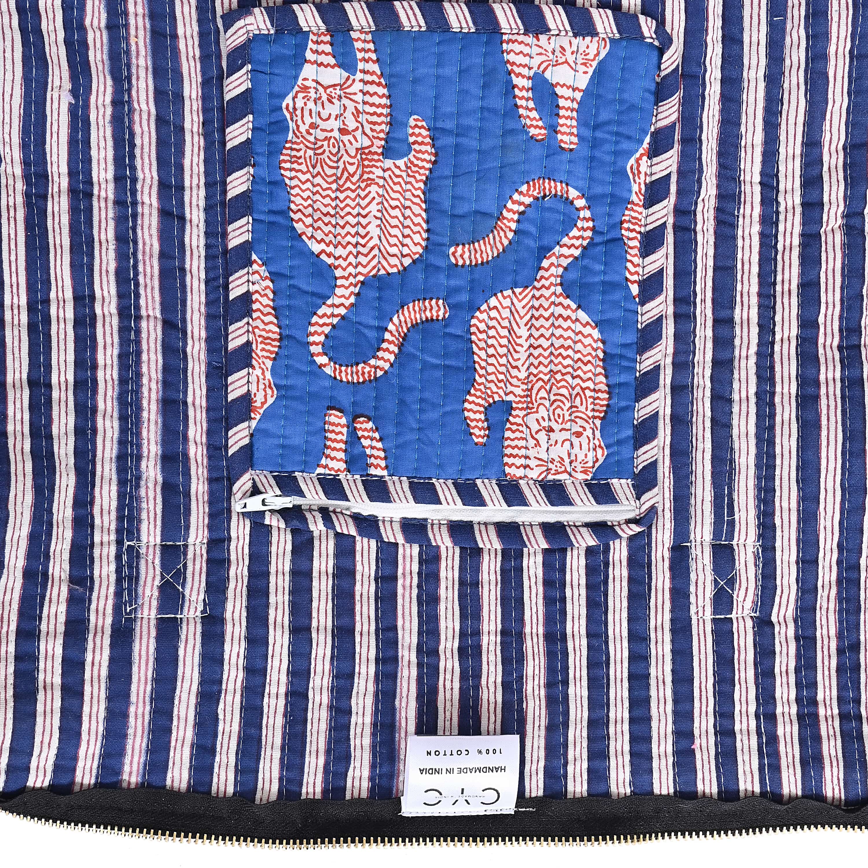 The Mouse Tiger Cotton Weekender — handmade hand block printed cotton weekender bag, ethically made in Rajasthan, India