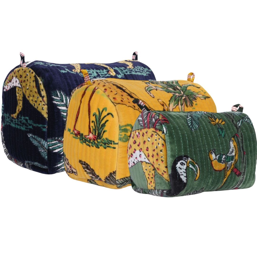 Jungle Velvet Mixed 3 Piece Travel Set — handmade quilted velvet travel pouch set, ethically made in Rajasthan, India