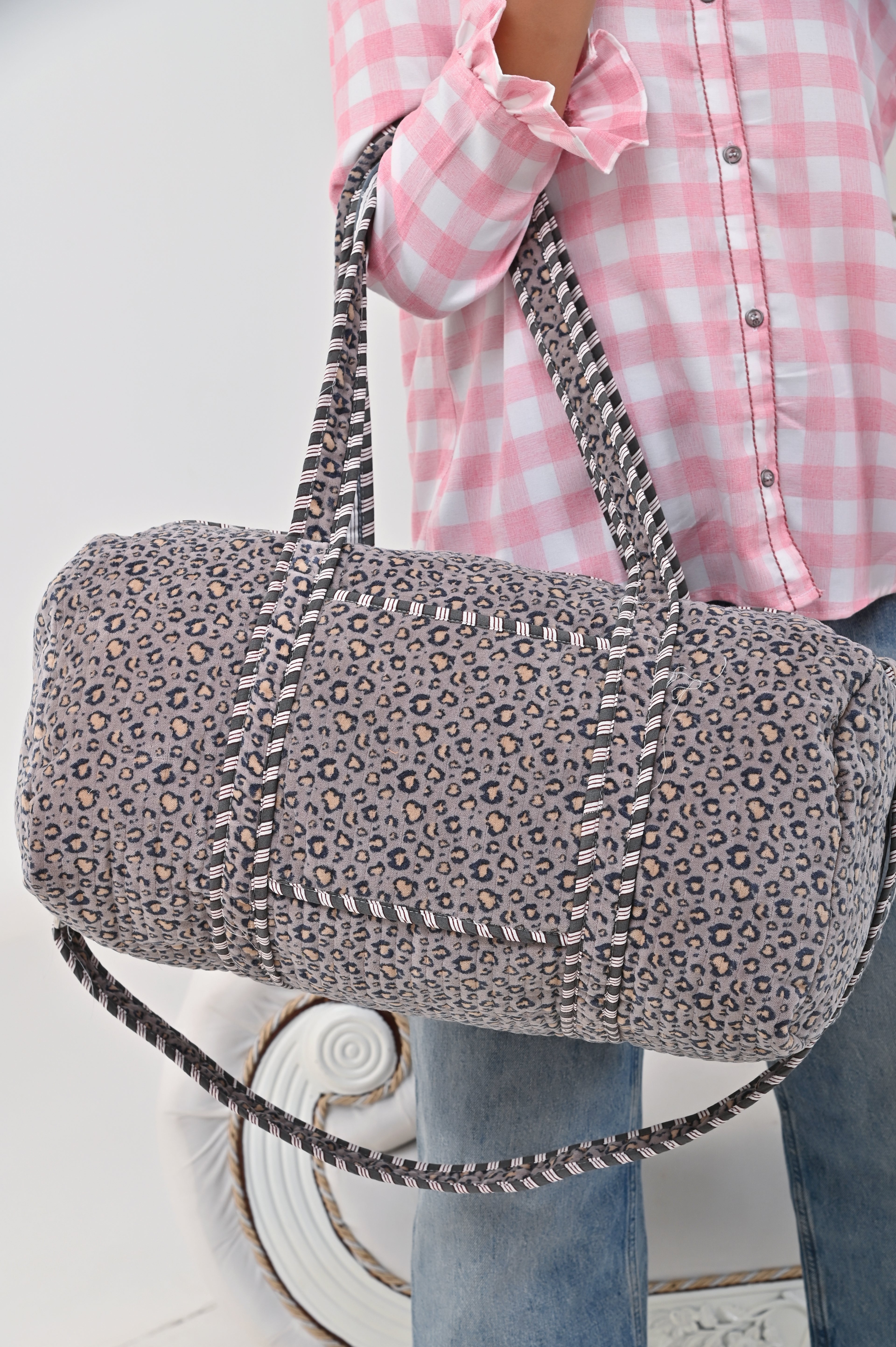 The Velvet Leopard Weekender — handmade quilted velvet weekender bag, ethically made in Rajasthan, India