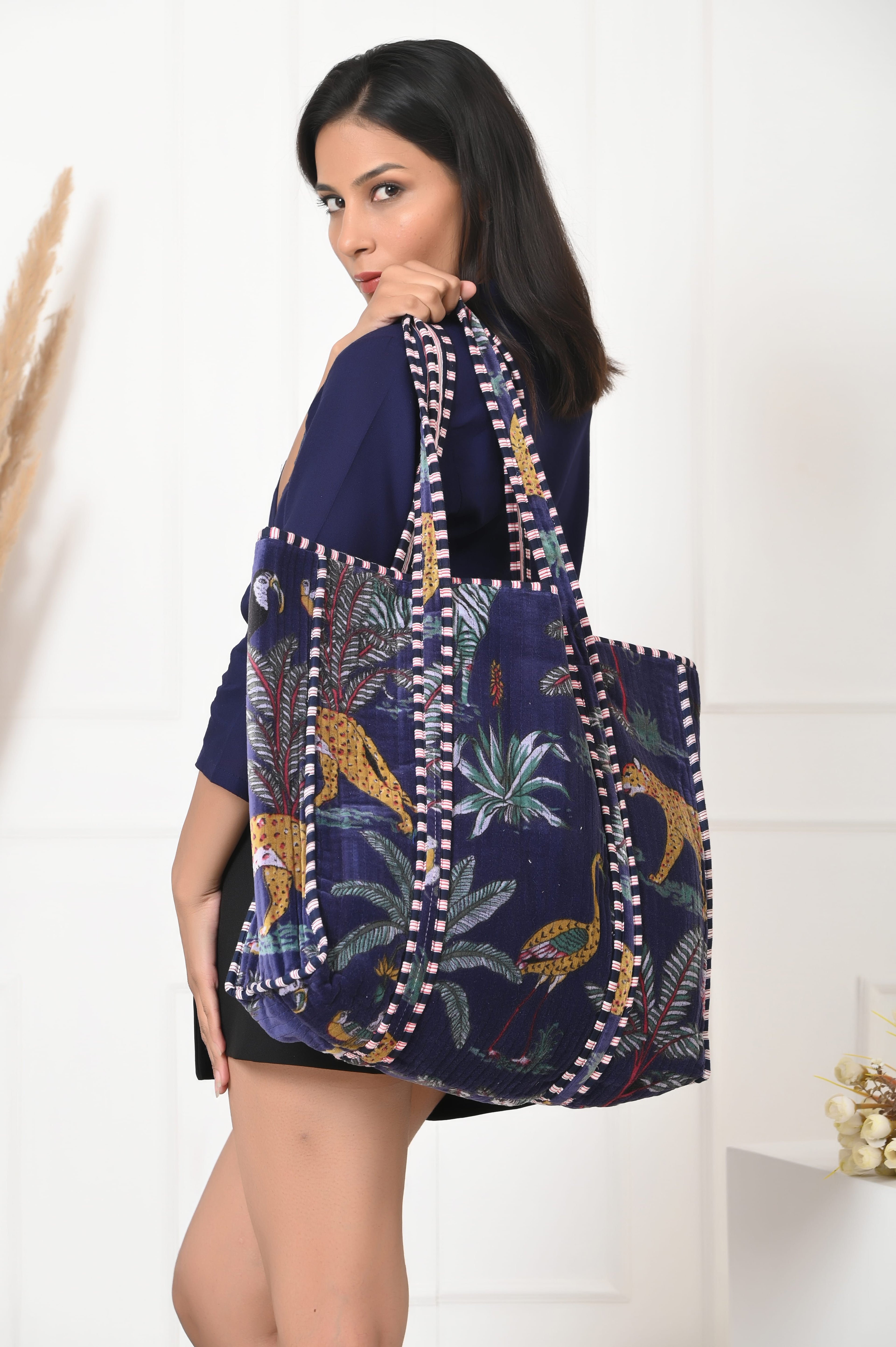 The Jungle Tote in Velvet — handmade quilted velvet tote with bold Indian jungle print, ethically made in India