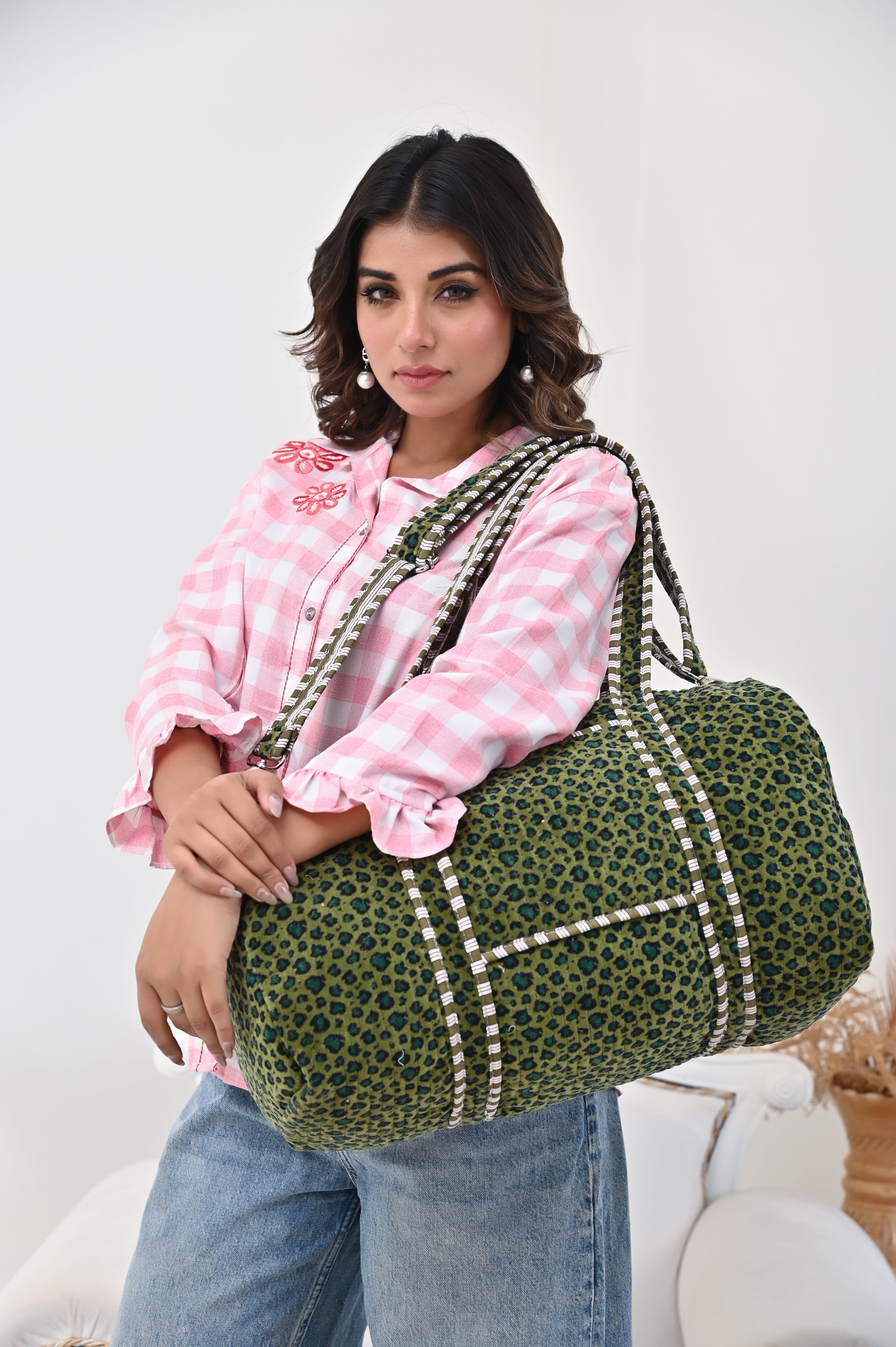 The Velvet Leopard Weekender — handmade quilted velvet weekender bag, ethically made in Rajasthan, India