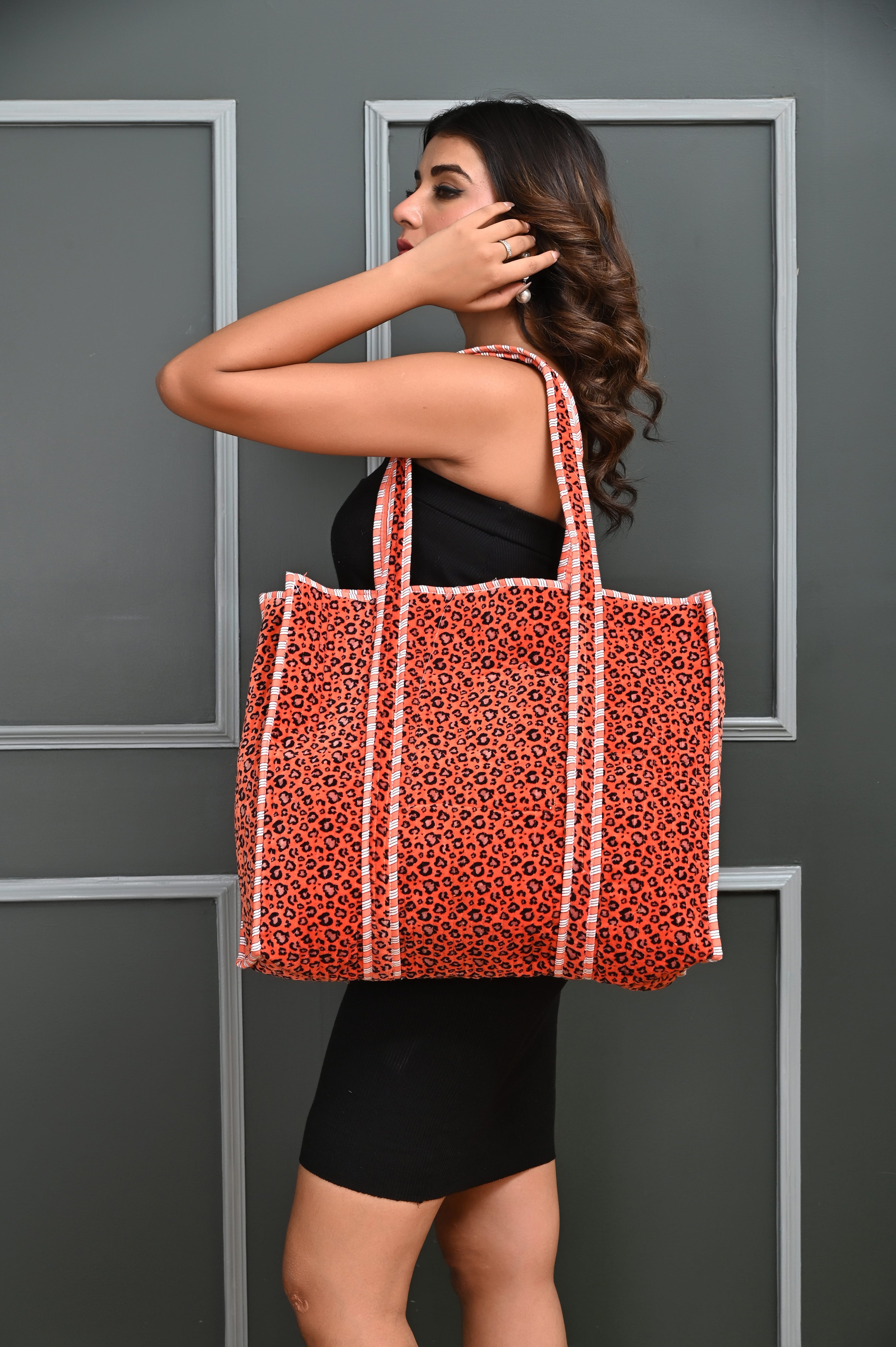 The Velvet Leopard Tote — handmade quilted velvet tote bag, ethically made in Rajasthan, India