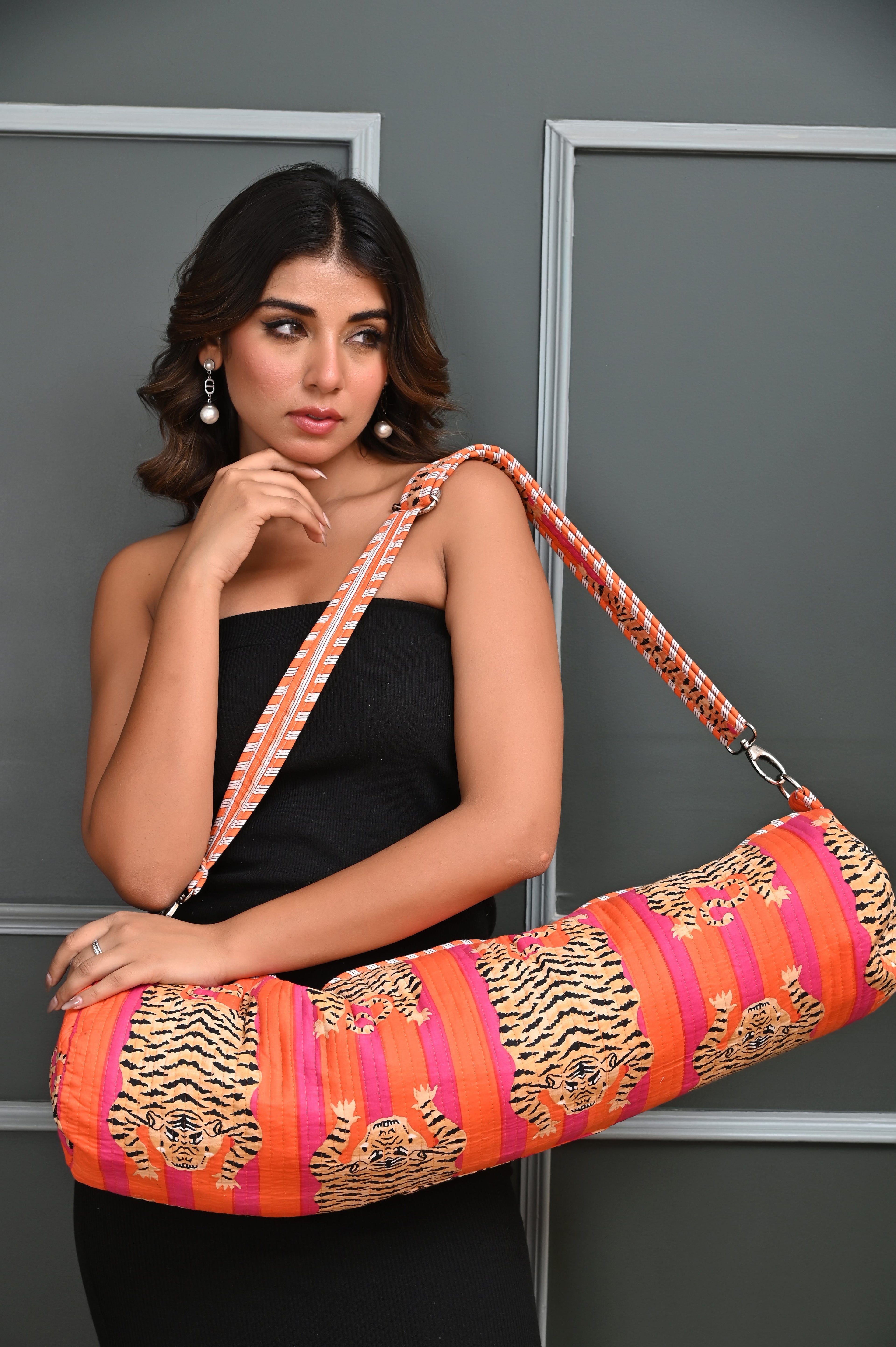 The Tibetan Tiger Yoga Bag — handmade hand block printed cotton yoga mat bag, ethically made in Rajasthan, India