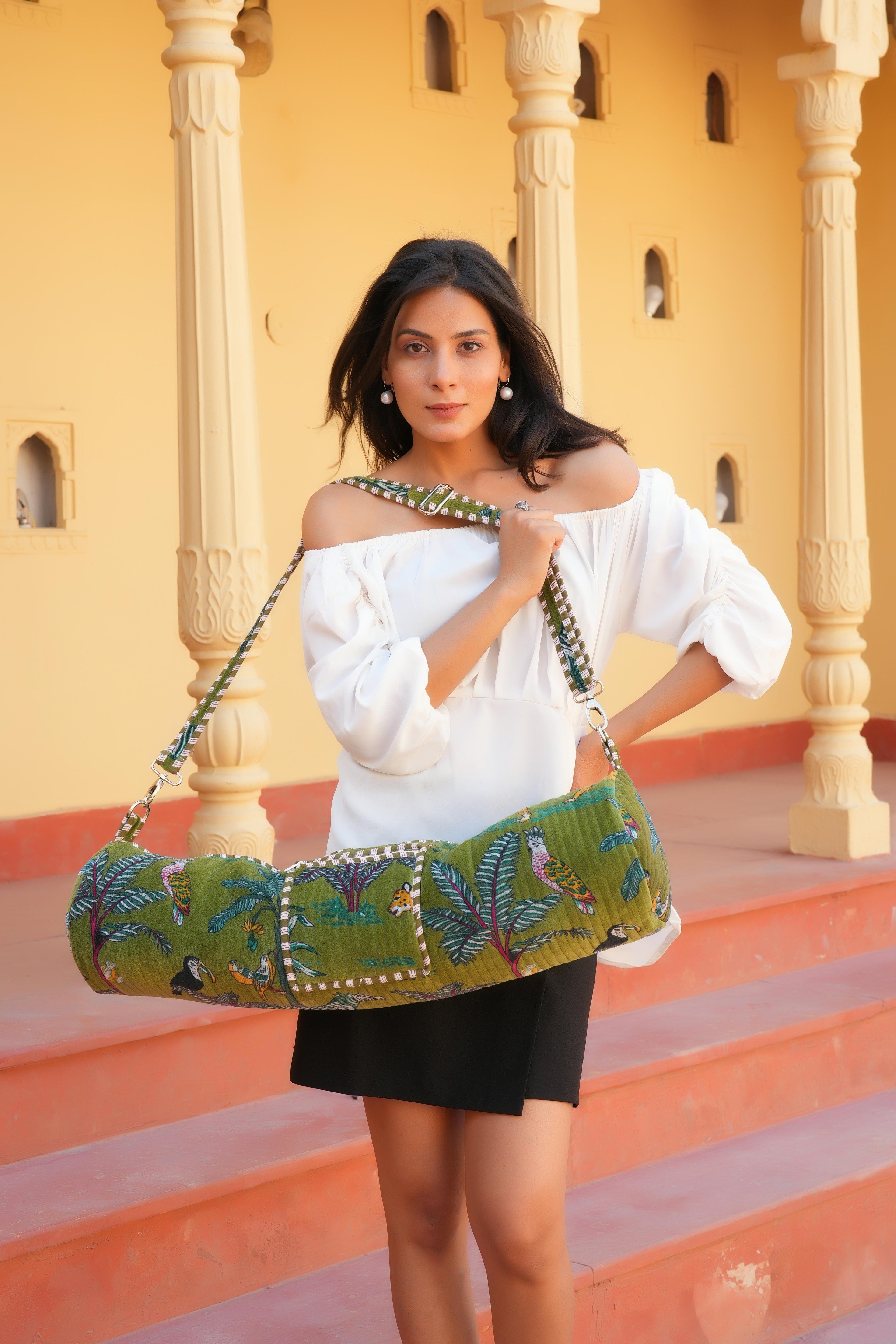 The Jungle Velvet Yoga Bag — handcrafted velvet yoga mat bag with bold Indian jungle print, made in India