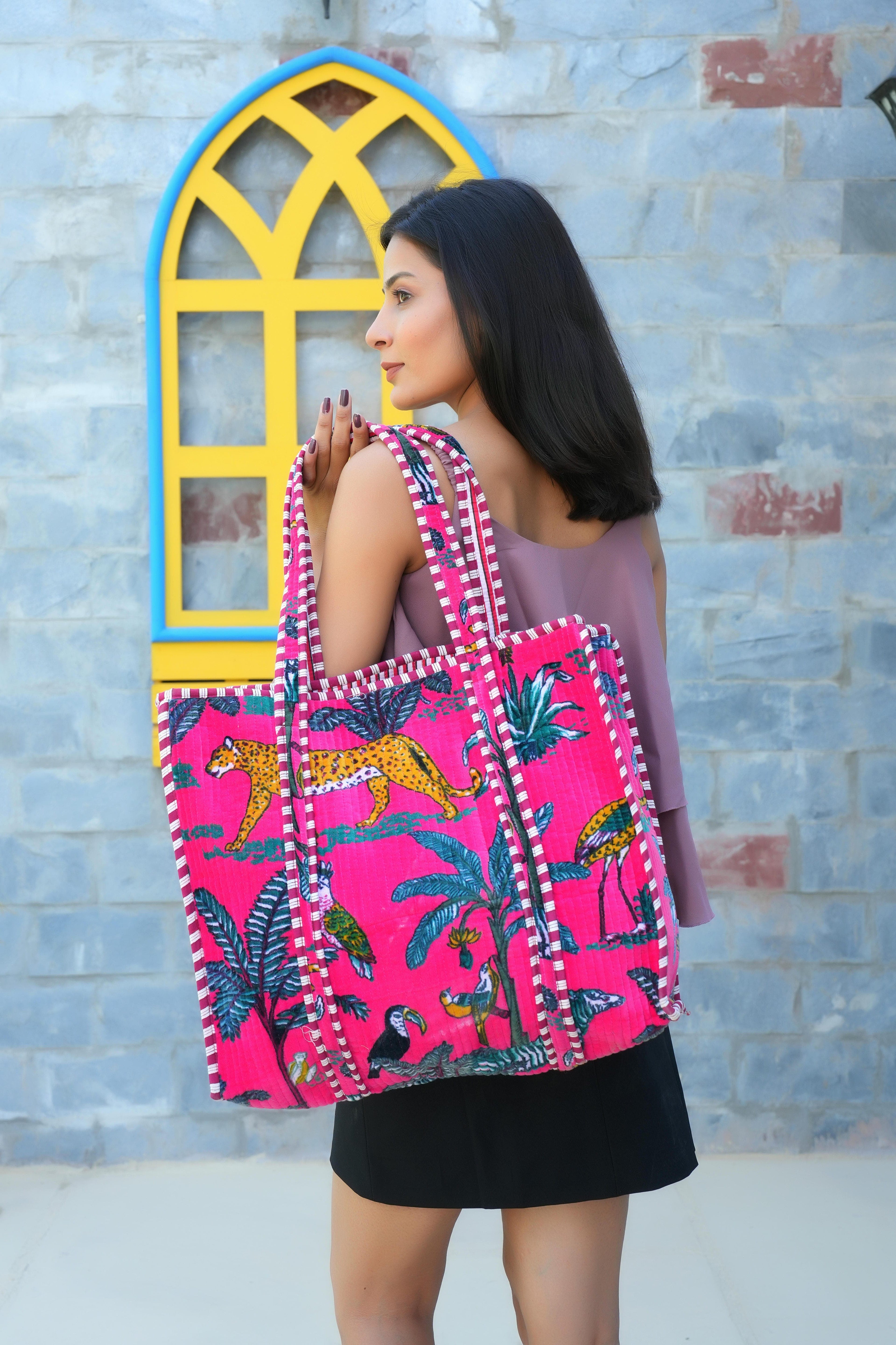 The Jungle Tote in Velvet — handmade quilted velvet tote bag, ethically made in Rajasthan, India