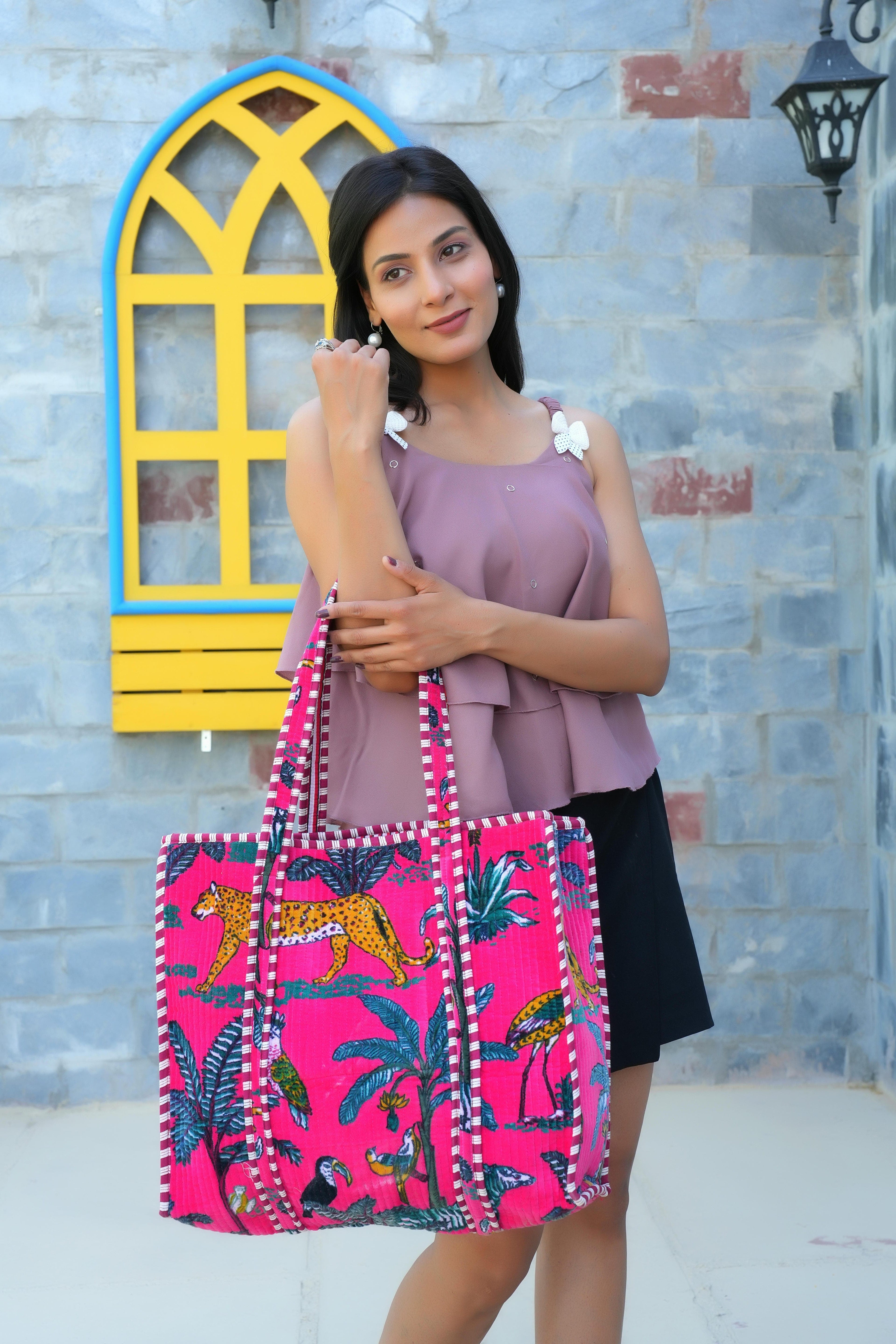 The Jungle Tote in Velvet — handmade quilted velvet tote bag, ethically made in Rajasthan, India