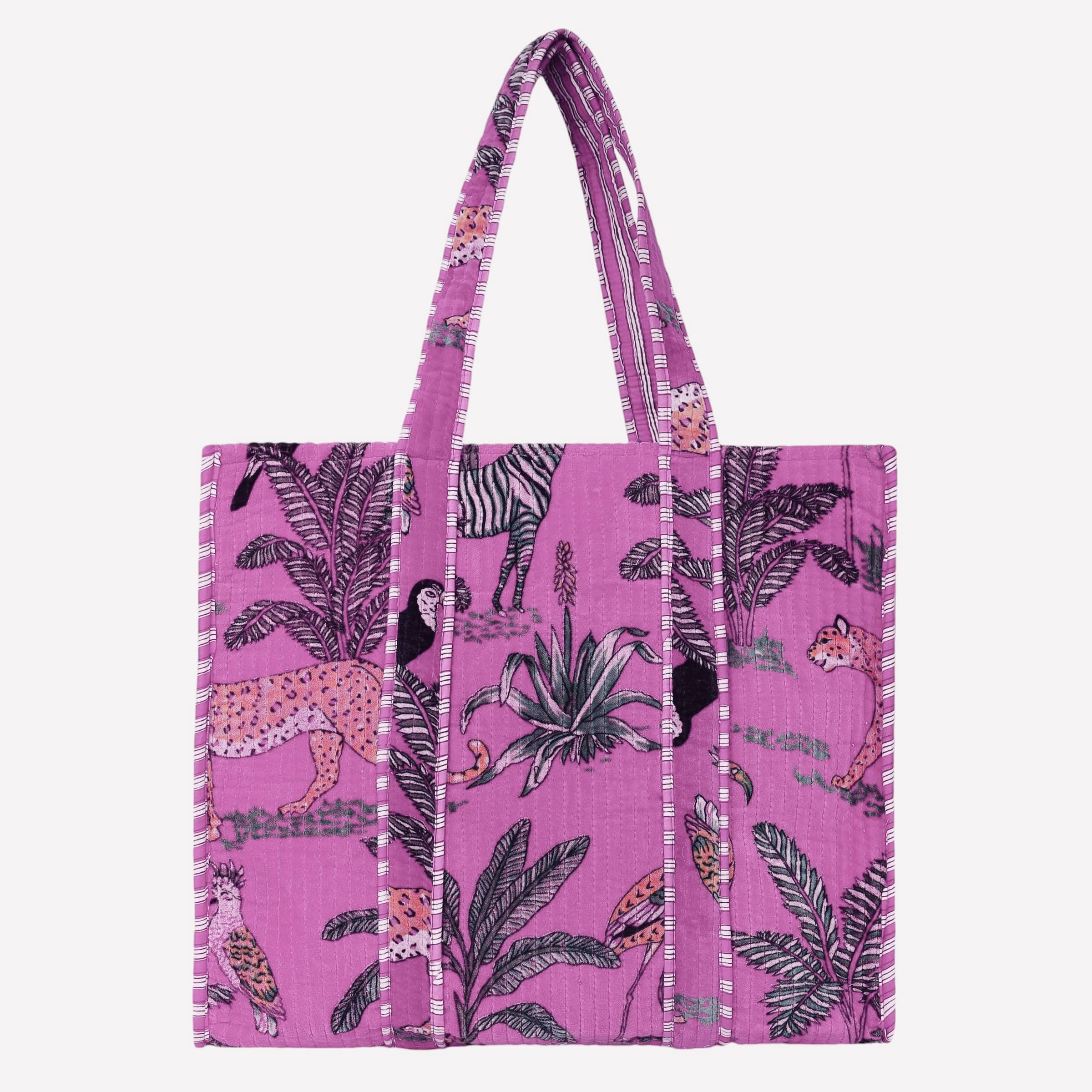 The Jungle Tote in Velvet — handmade quilted velvet tote with bold Indian jungle print, ethically made in India