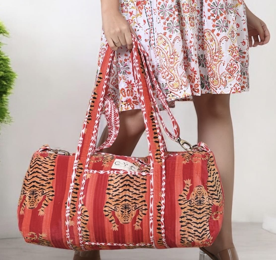 The Tibetan Tiger Velvet Weekender — handmade quilted velvet weekender bag, ethically made in Rajasthan, India