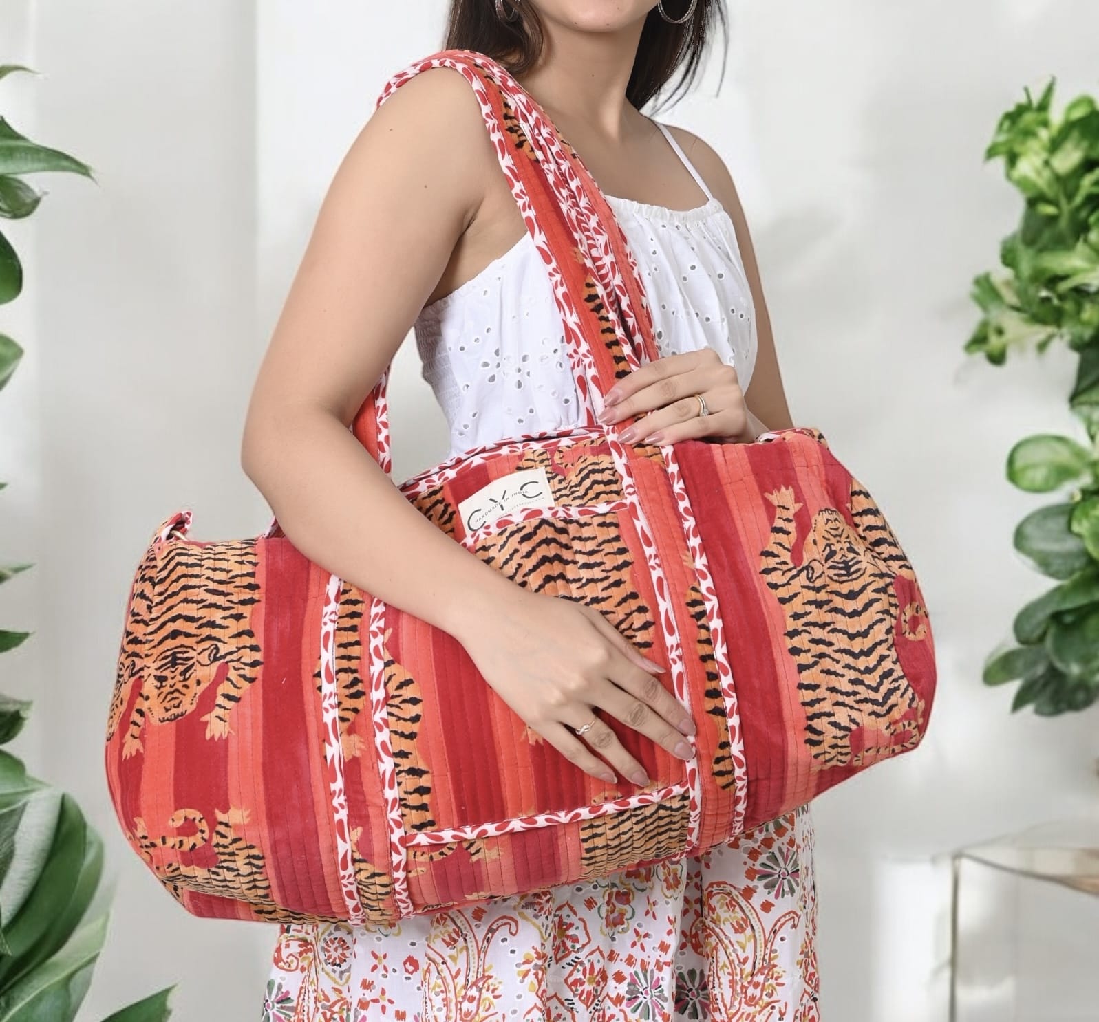 The Tibetan Tiger Velvet Weekender — handmade quilted velvet weekender bag, ethically made in Rajasthan, India