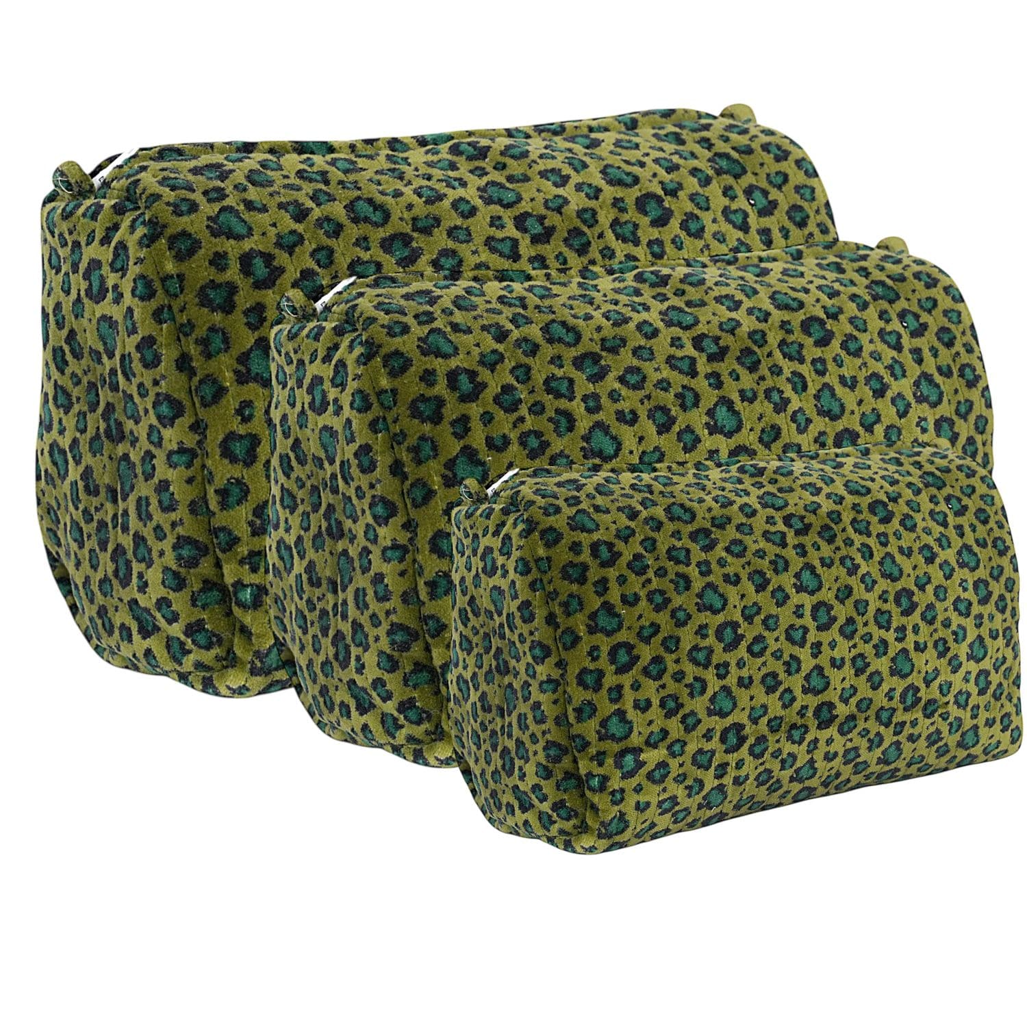 The Velvet Leopard Three Piece Travel Set — handmade quilted velvet travel pouch set, ethically made in Rajasthan, India
