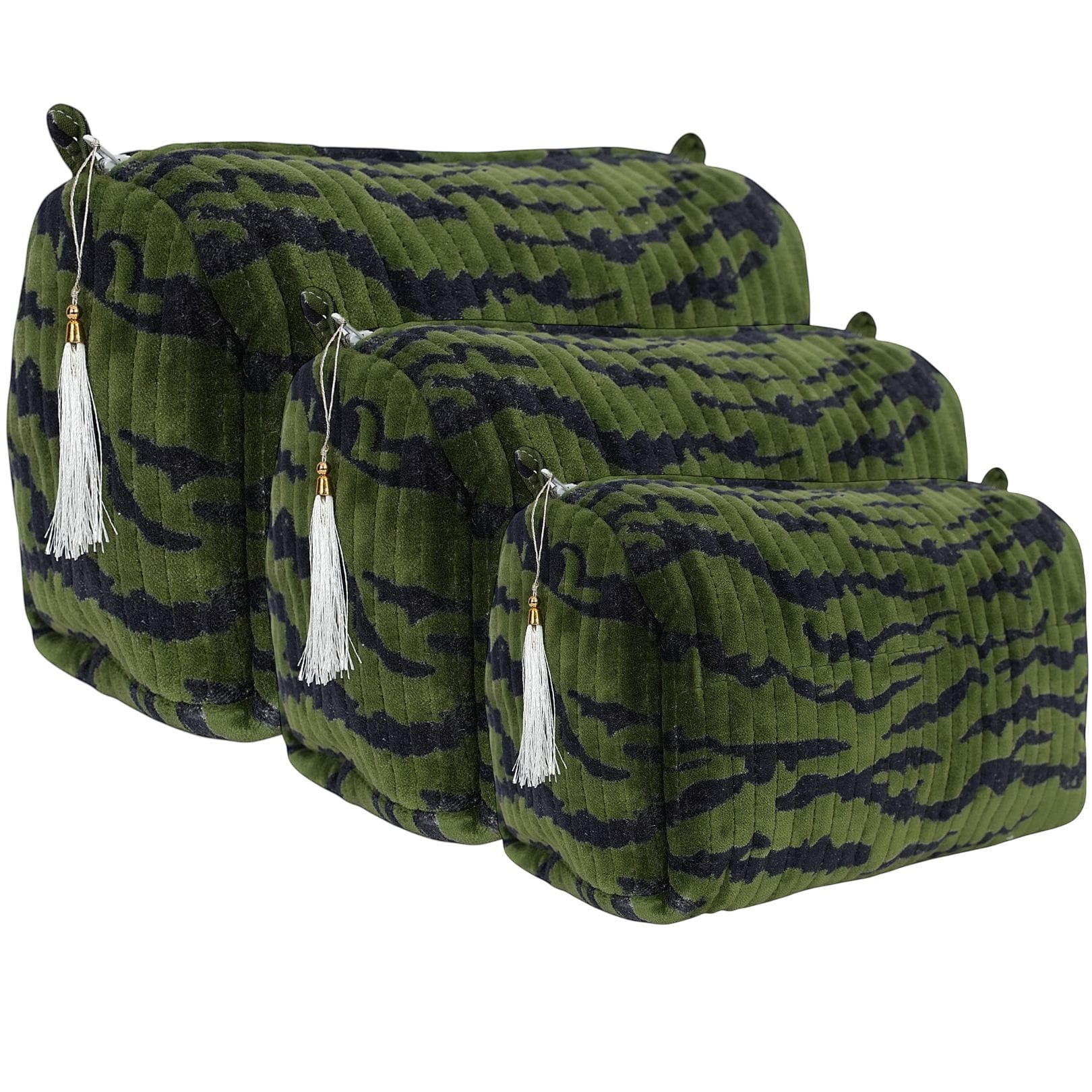 The Velvet Tiger Three Piece Travel Set — handmade quilted velvet travel pouch set, ethically made in Rajasthan, India