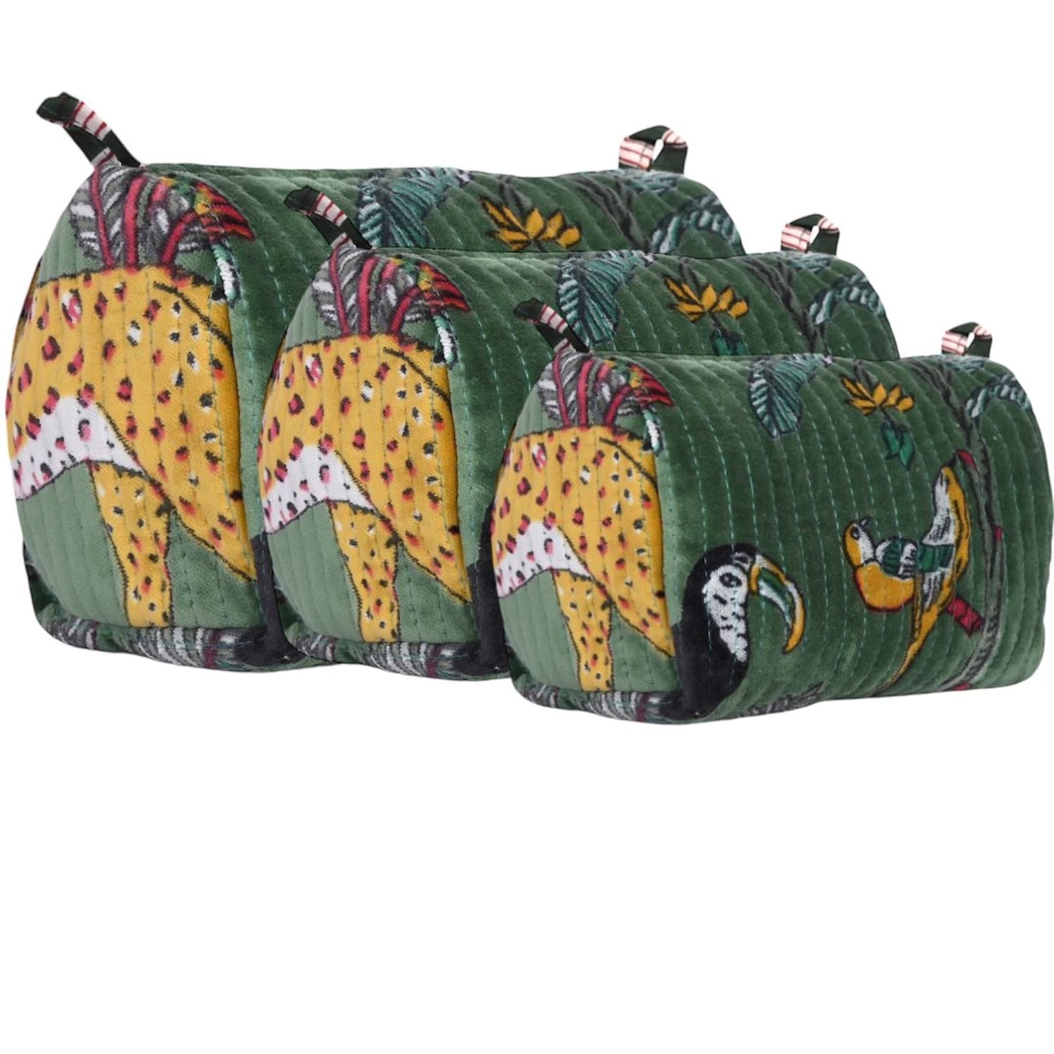 The Jungle Velvet 3 Piece Travel Set — handmade quilted velvet travel pouch set, ethically made in Rajasthan, India