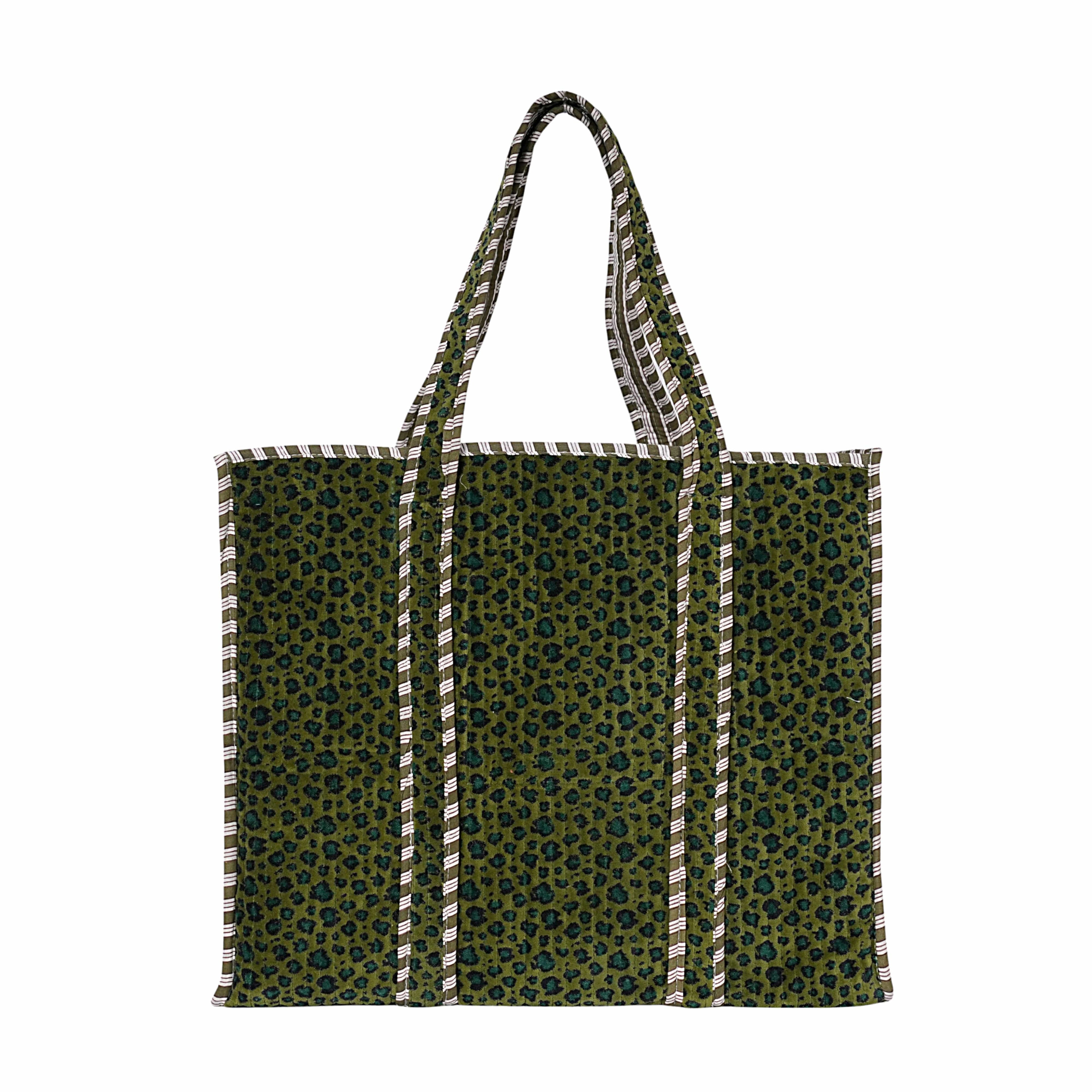 The Velvet Leopard Tote — handmade quilted velvet tote bag, ethically made in Rajasthan, India