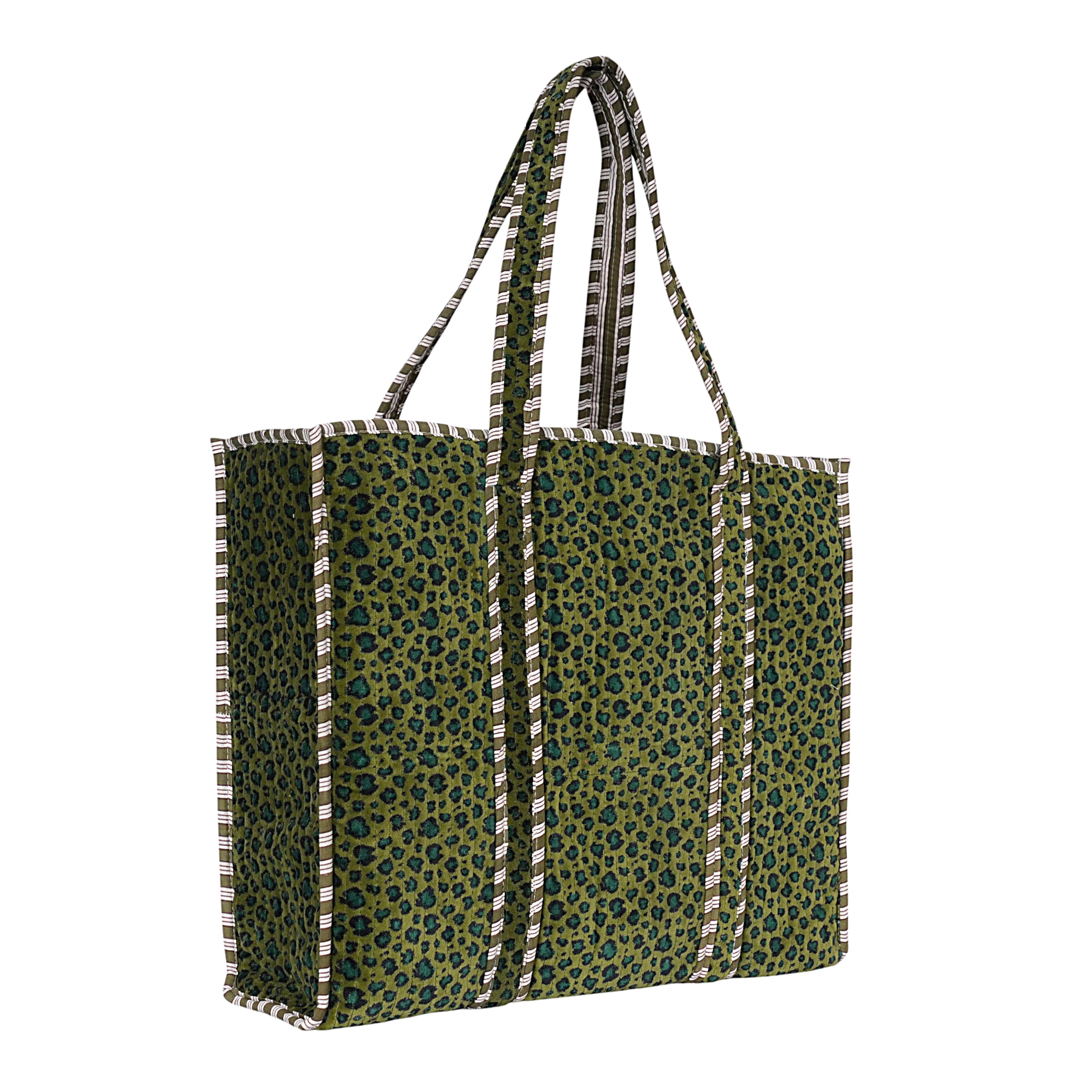 The Velvet Leopard Tote — handmade quilted velvet tote bag, ethically made in Rajasthan, India