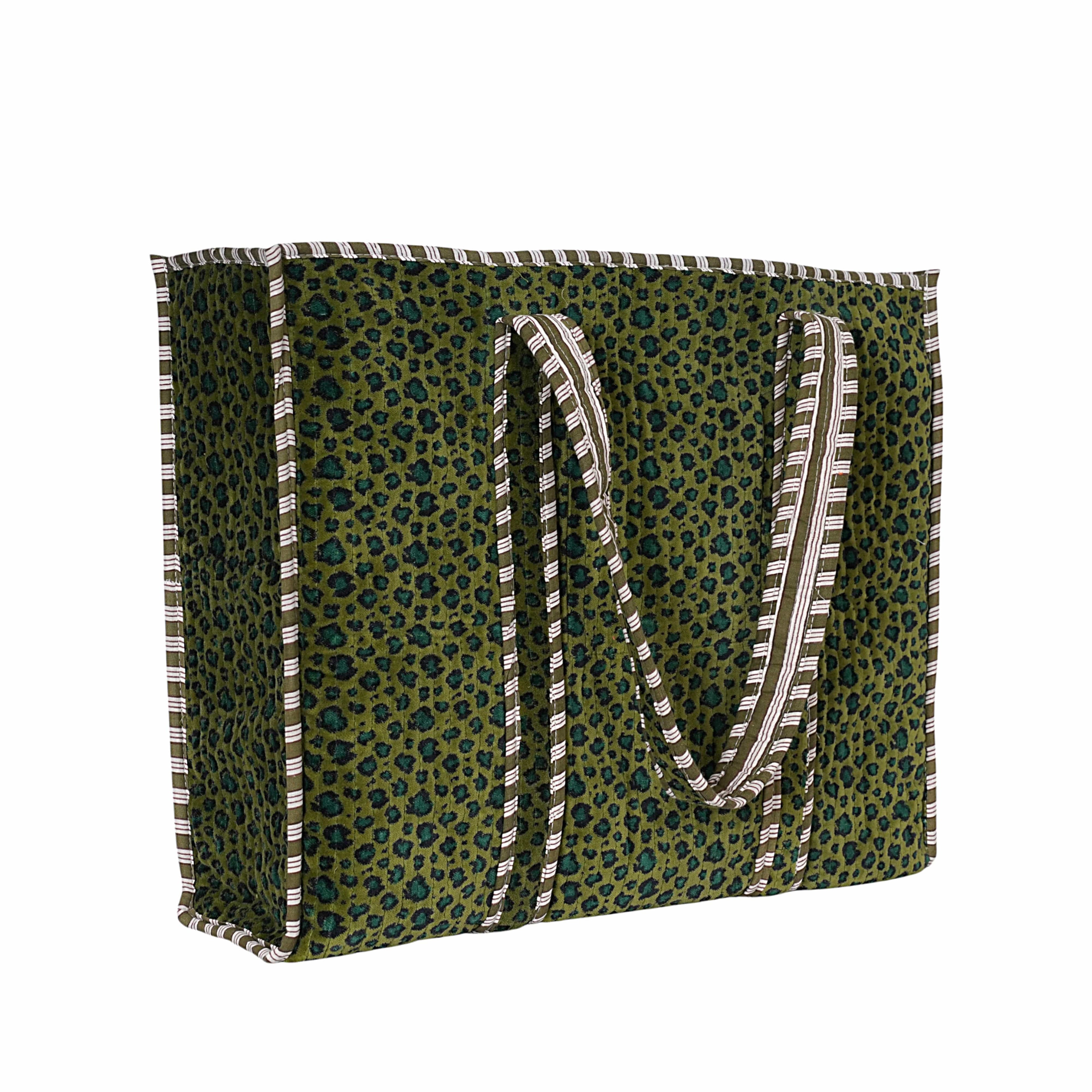 The Velvet Leopard Tote — handmade quilted velvet tote bag, ethically made in Rajasthan, India