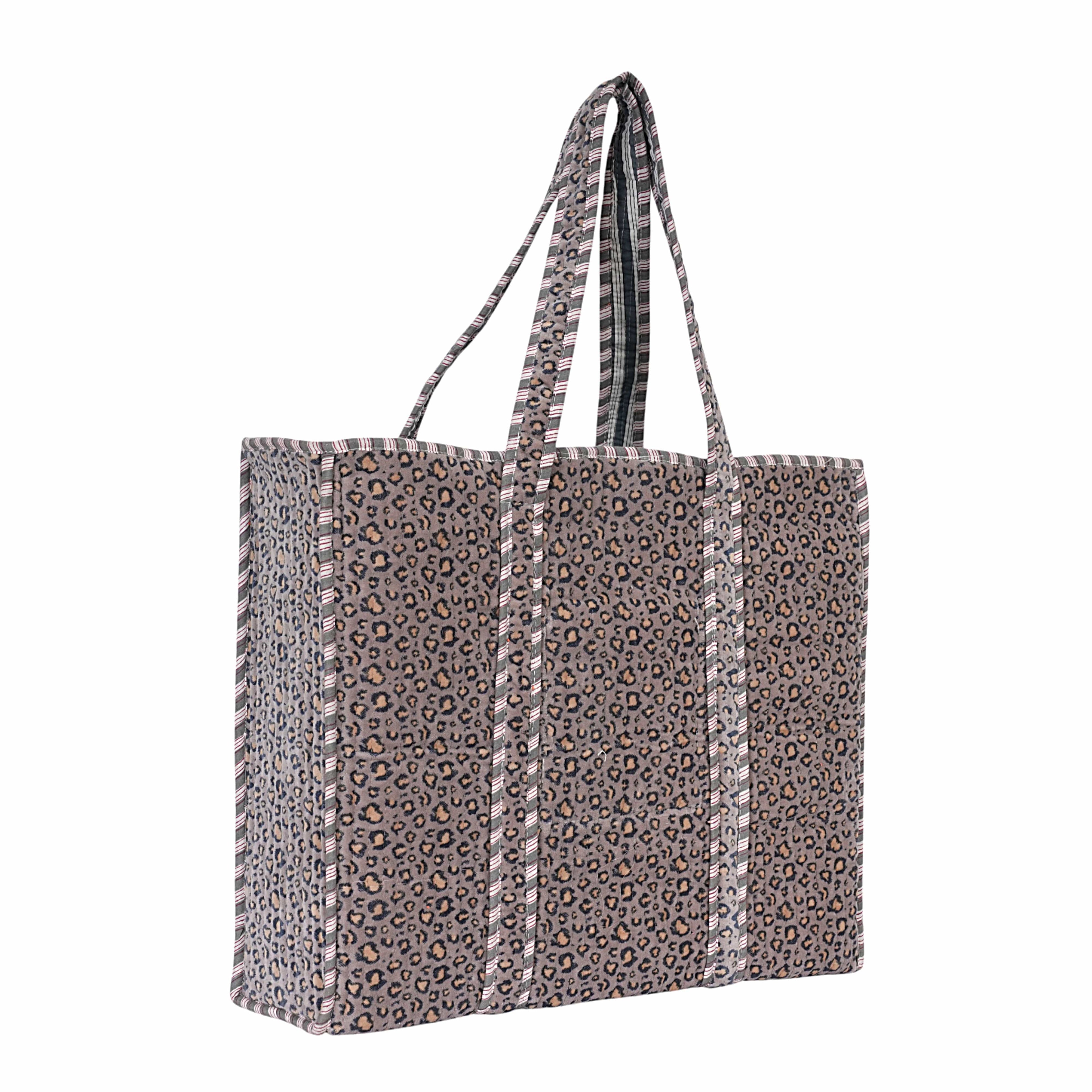 The Velvet Leopard Tote — handmade quilted velvet tote bag, ethically made in Rajasthan, India